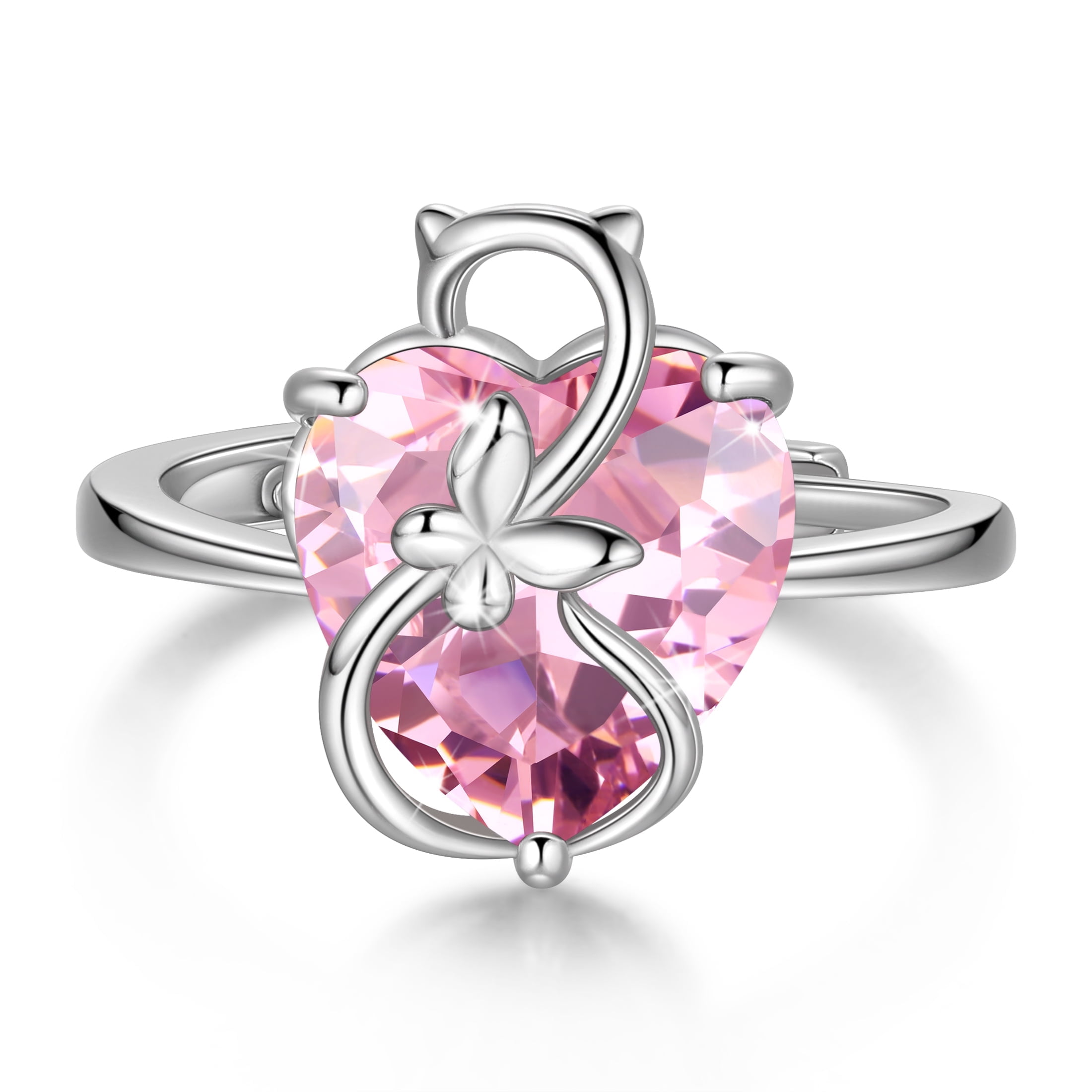 Juwaliy Women Heart Ring 925 Sterling Silver Cat Butterfly October Birthstone Tourmaline Pink Solitaire Ring Jewelry Mother Birthday Valentine's Day Gifts