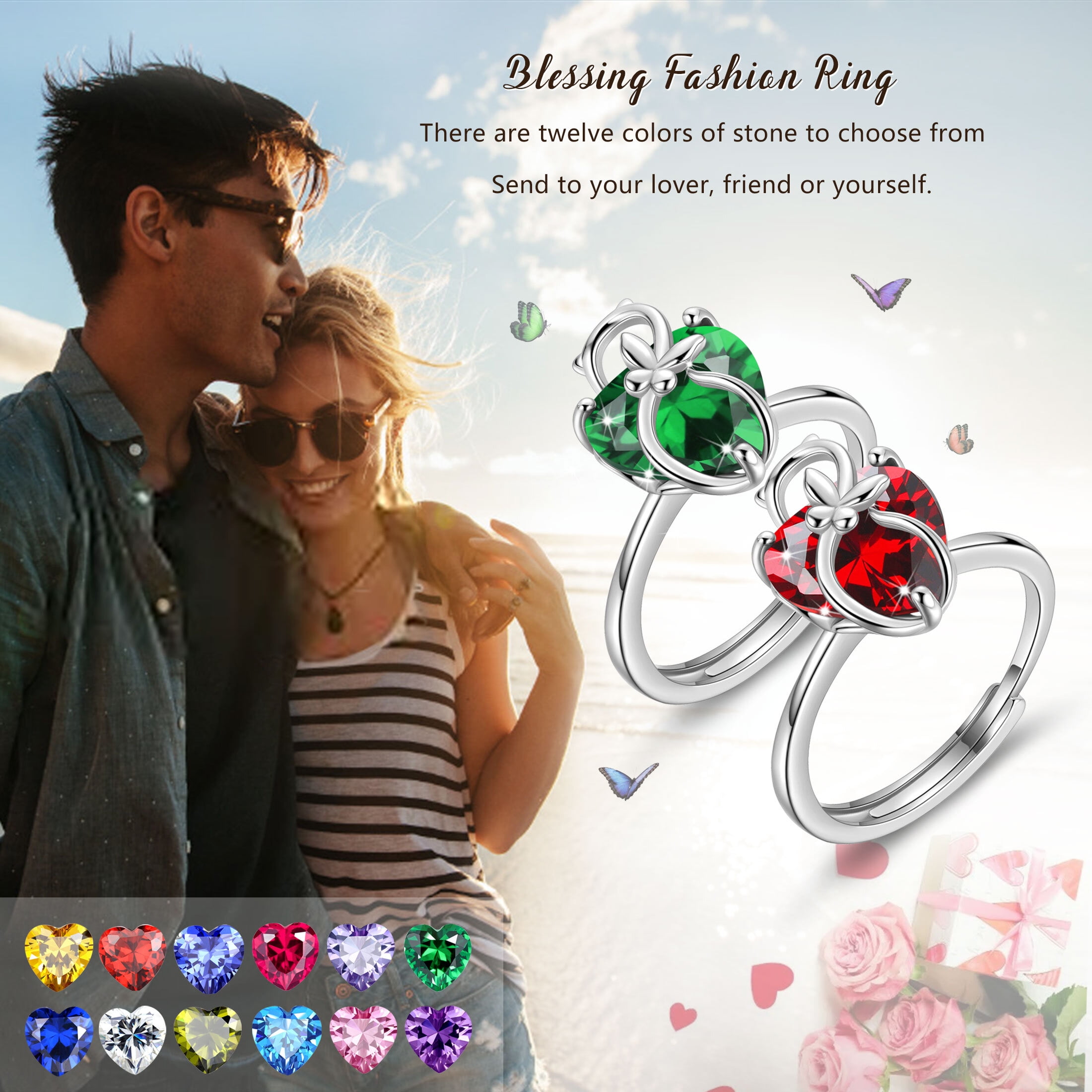 Juwaliy Women Heart Ring 925 Sterling Silver Cat Butterfly October Birthstone Tourmaline Pink Solitaire Ring Jewelry Mother Birthday Valentine's Day Gifts - Image 4