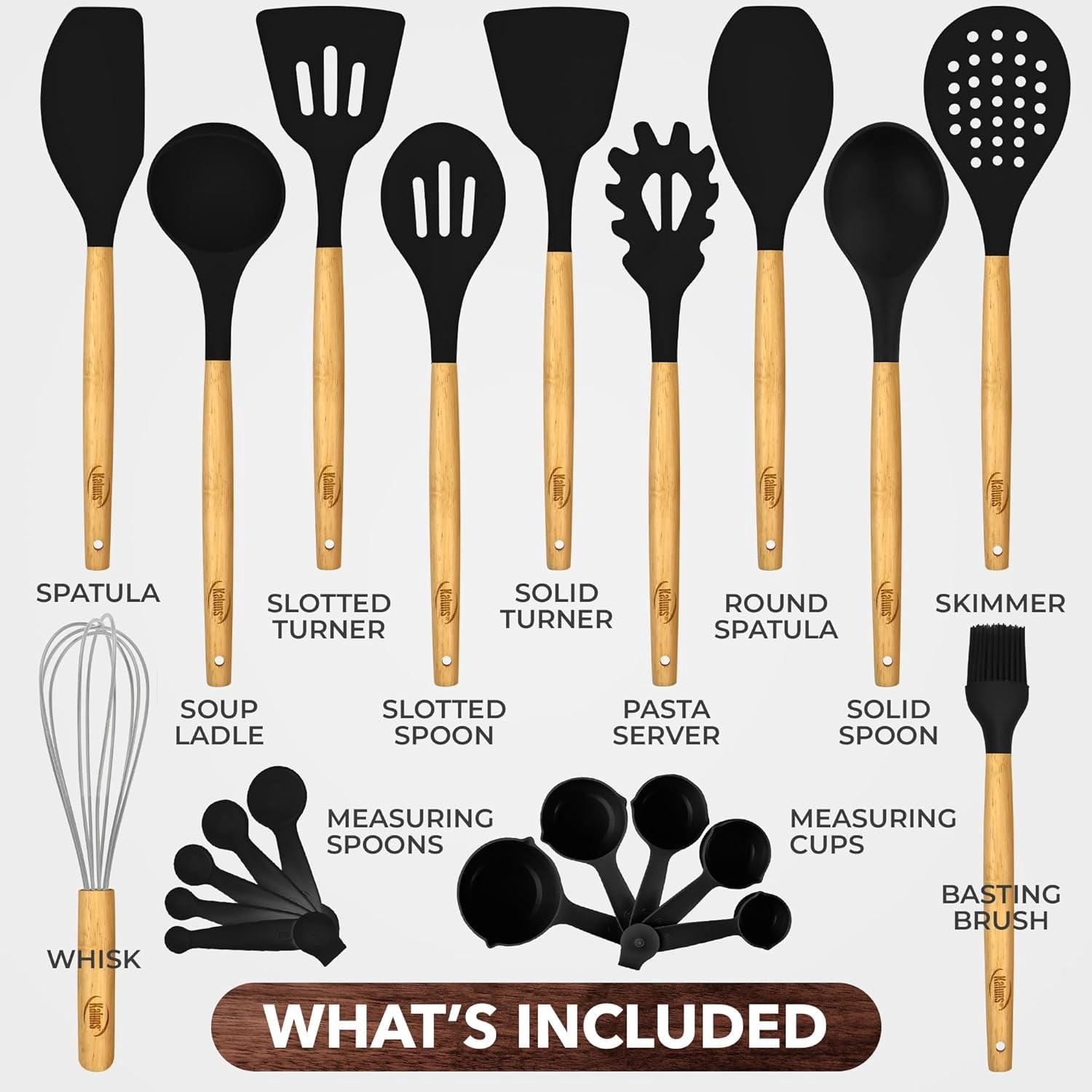Kaluns 21 Pcs Wood and Silicone Kitchen Utensils Set for Cooking Household Essentials – Premium Cooking Utensil Set, Black - Image 3