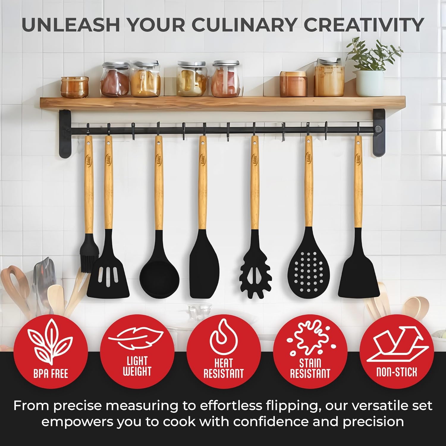 Kaluns 21 Pcs Wood and Silicone Kitchen Utensils Set for Cooking Household Essentials – Premium Cooking Utensil Set, Black - Image 5