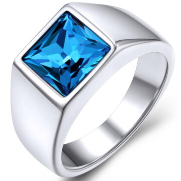 KeyStyle Rings for Men Stainless Steel Statement Ring with Blue Topaz Birthstone Signet Ring Birthday Gemstone Jewelry Father Day Valentine's Day Gift for Men, 8mm Blue Topaz