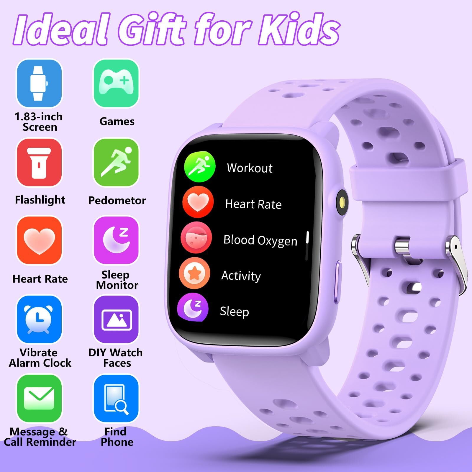 Kids Smart Watch 1.85" Upgrade - Fitness Tracker with Heart Rate Sleep Monitor Pedometer, 100+ Sports Modes, 12 Puzzle Games, Activity Tracker for Boys Girls Teens Aged 6-15 Outdoor Fun (Purple) - Image 3