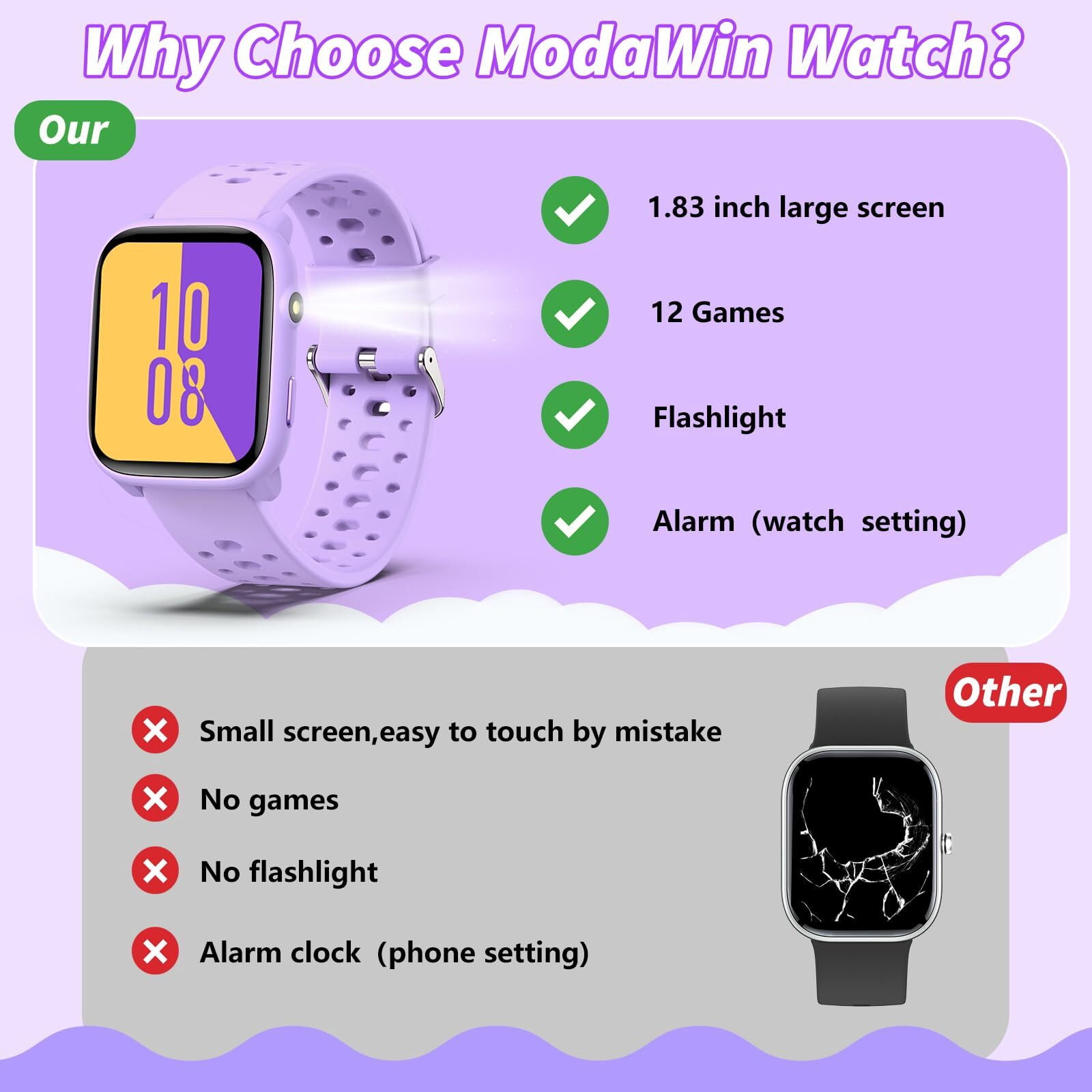 Kids Smart Watch 1.85" Upgrade - Fitness Tracker with Heart Rate Sleep Monitor Pedometer, 100+ Sports Modes, 12 Puzzle Games, Activity Tracker for Boys Girls Teens Aged 6-15 Outdoor Fun (Purple) - Image 2