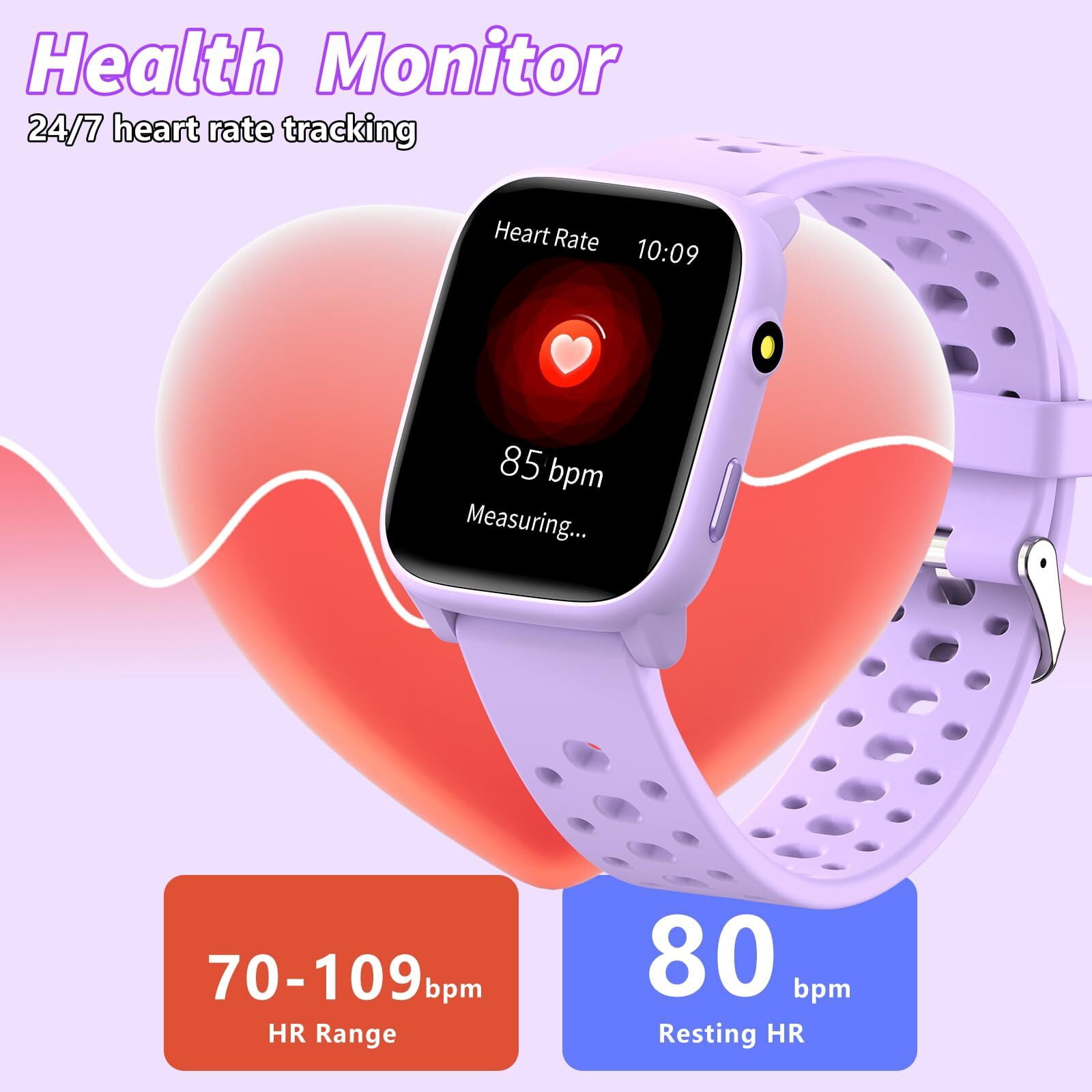 Kids Smart Watch 1.85" Upgrade - Fitness Tracker with Heart Rate Sleep Monitor Pedometer, 100+ Sports Modes, 12 Puzzle Games, Activity Tracker for Boys Girls Teens Aged 6-15 Outdoor Fun (Purple) - Image 5