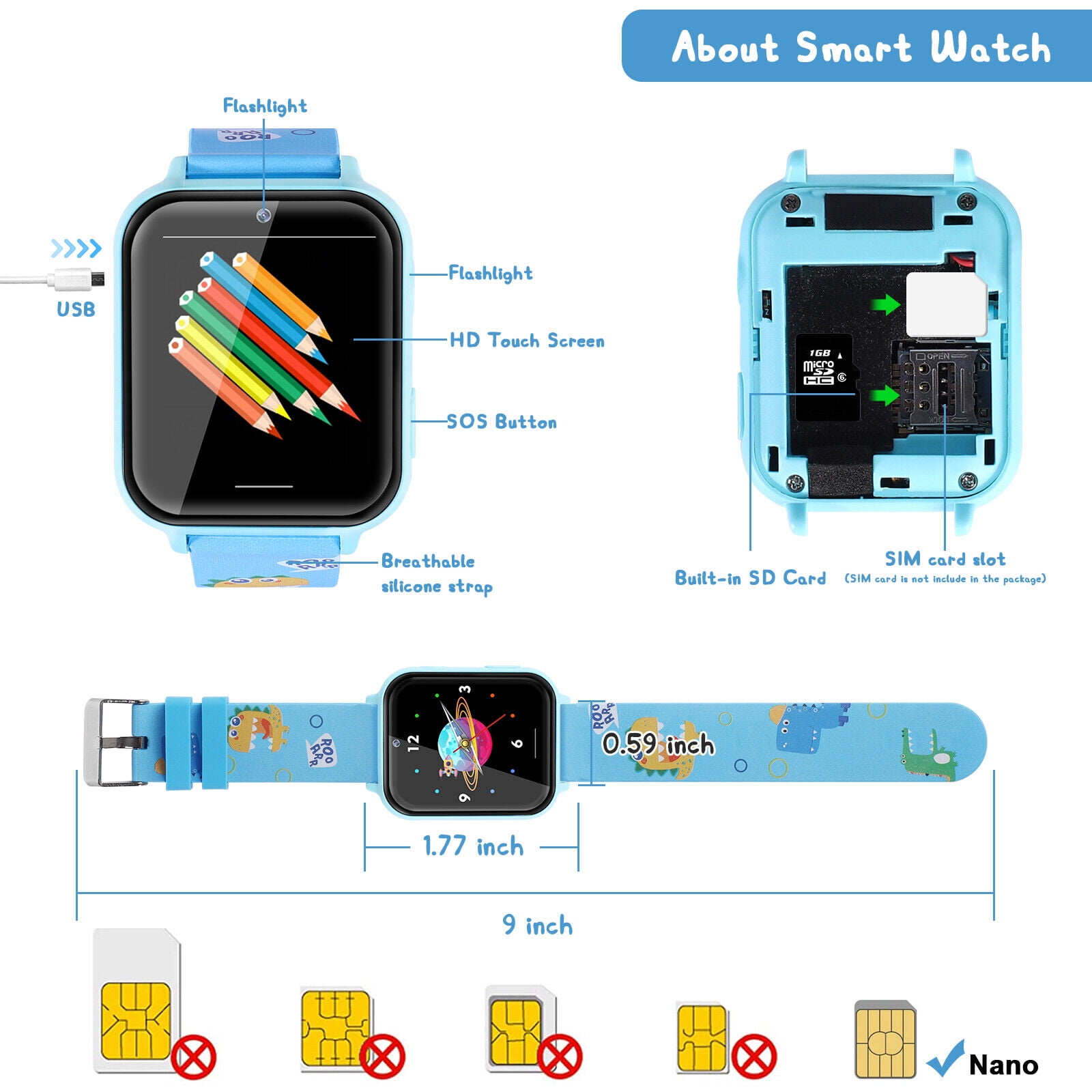 Kids Smart Watch Phone, HD Touch Screen Smartwatch with Music MP3 Player, Video Recorder, Camera, Games, SOS, (Build-in 1GB SD Card) Sport Wrist Watch for Age 3-14 Boys Girls Gifts (Blue) - Image 3