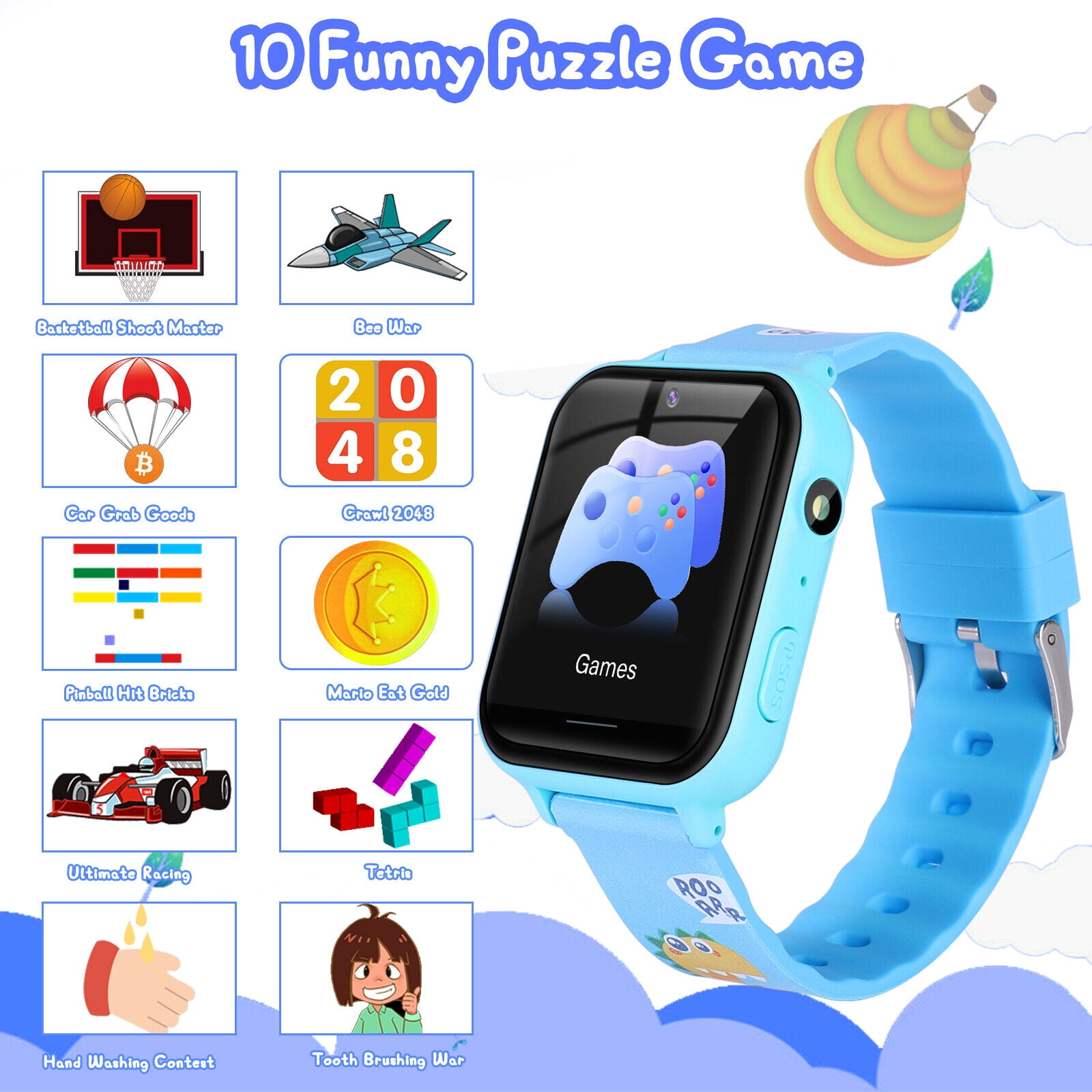 Kids Smart Watch Phone, HD Touch Screen Smartwatch with Music MP3 Player, Video Recorder, Camera, Games, SOS, (Build-in 1GB SD Card) Sport Wrist Watch for Age 3-14 Boys Girls Gifts (Blue) - Image 4