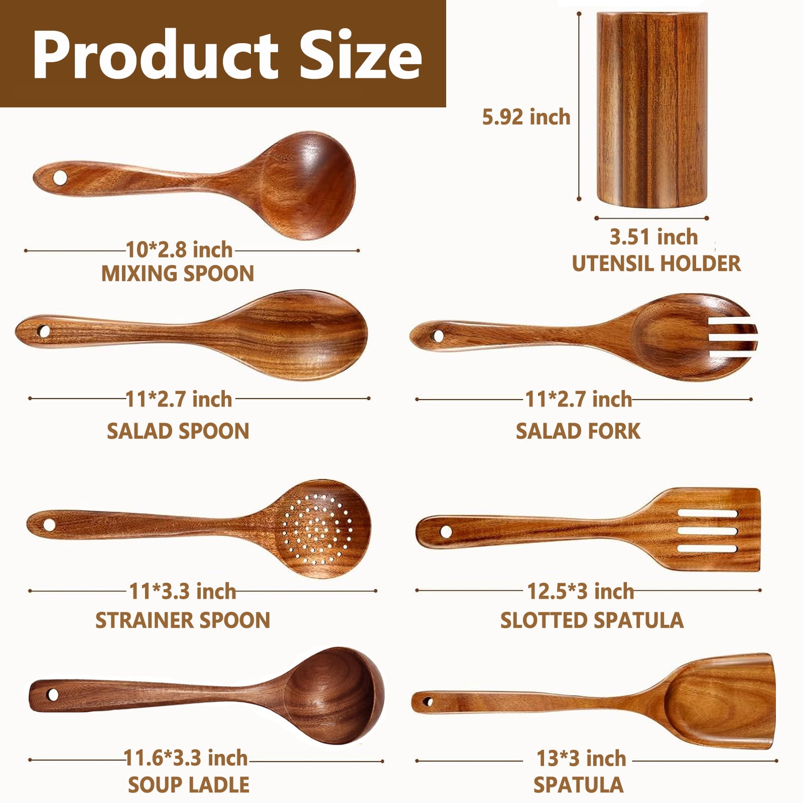 Kisportee Wooden Spoons for Cooking, 8 Pcs Natural Teak Wooden Utensils Set, Non-Stick & Heat Resistant Durable Wood Kitchen Utensil Set - Image 3