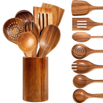 Kisportee Wooden Spoons for Cooking, 8 Pcs Natural Teak Wooden Utensils Set, Non-Stick & Heat Resistant Durable Wood Kitchen Utensil Set