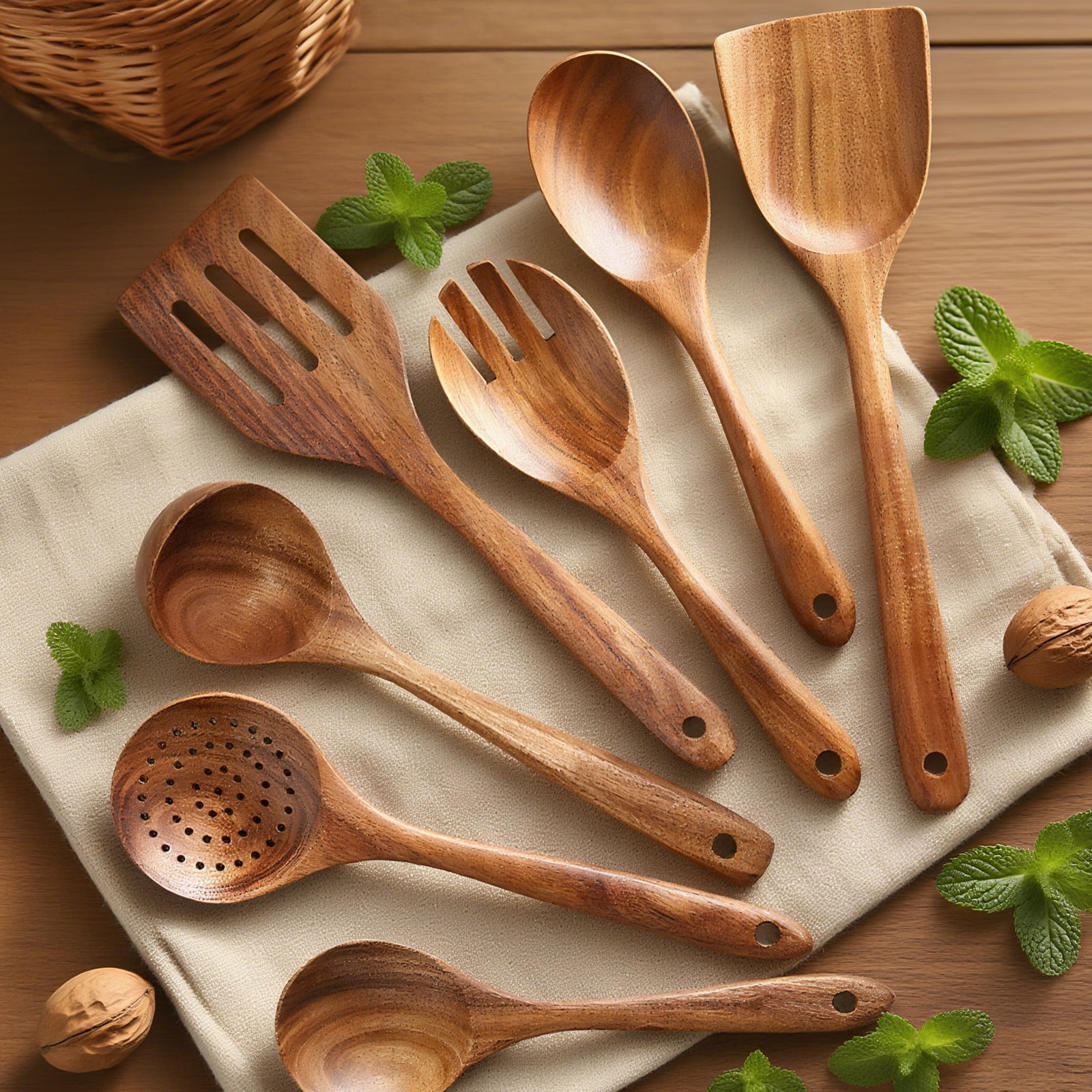 Kisportee Wooden Spoons for Cooking, 8 Pcs Natural Teak Wooden Utensils Set, Non-Stick & Heat Resistant Durable Wood Kitchen Utensil Set - Image 2