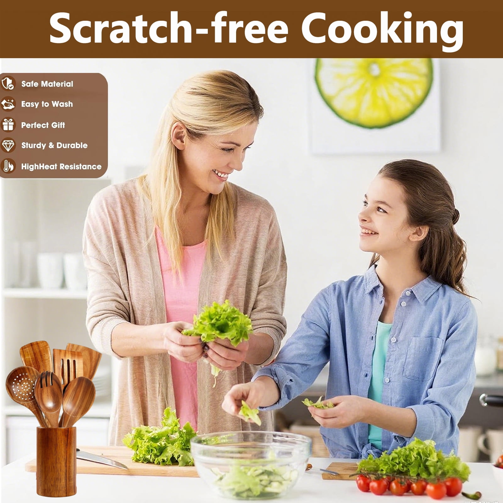 Kisportee Wooden Spoons for Cooking, 8 Pcs Natural Teak Wooden Utensils Set, Non-Stick & Heat Resistant Durable Wood Kitchen Utensil Set - Image 4
