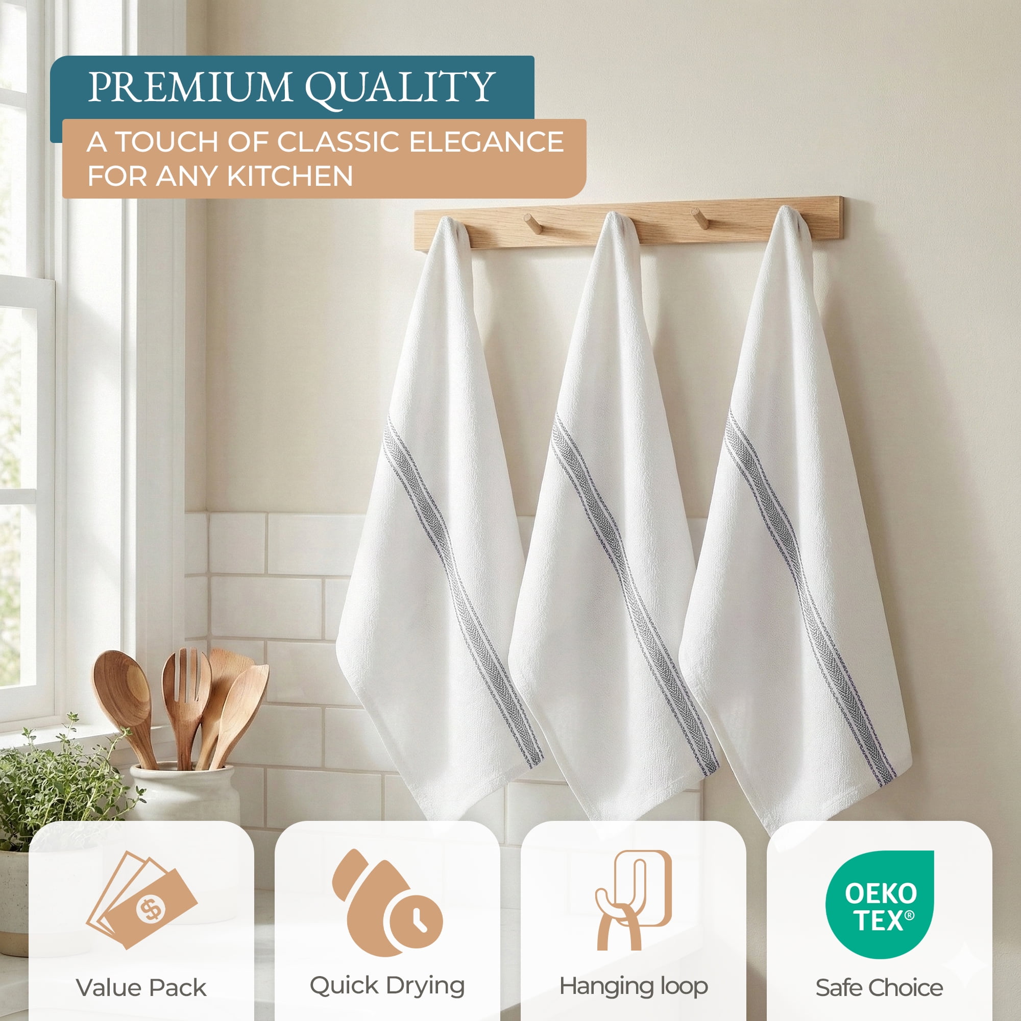 Kitchen Towels Set - 100% Pure Cotton Super Absorbent Hand Towel, Grey Tea Towels, Soft & Durable, Pack of 12 – 15”x25”, Grey Stripe - Image 4