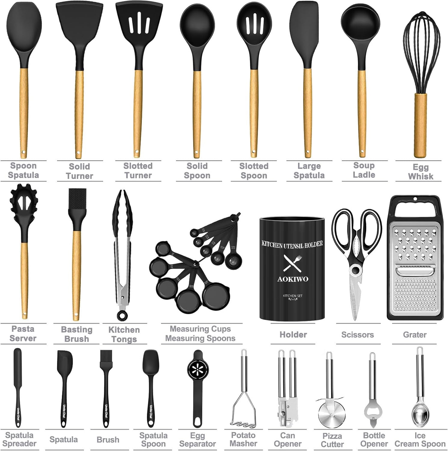 Kitchen Utensil Set, AOKIWO 34Pieces Silicone Cooking Utensil Set with Wooden Handle, Heat Resistant Spatula Set Gadgets Tools Cookware, Black - Image 3