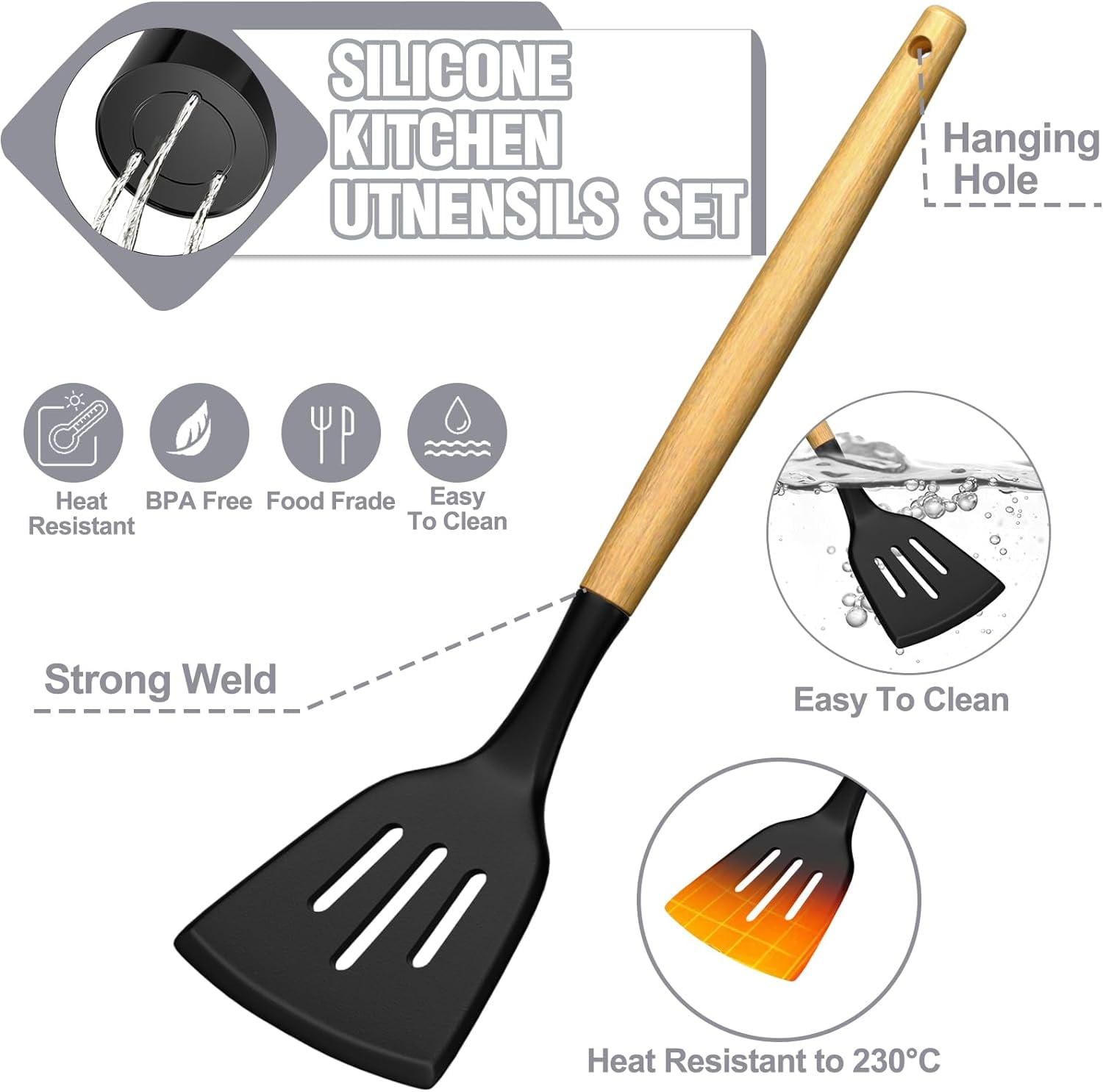 Kitchen Utensil Set, AOKIWO 34Pieces Silicone Cooking Utensil Set with Wooden Handle, Heat Resistant Spatula Set Gadgets Tools Cookware, Black - Image 5