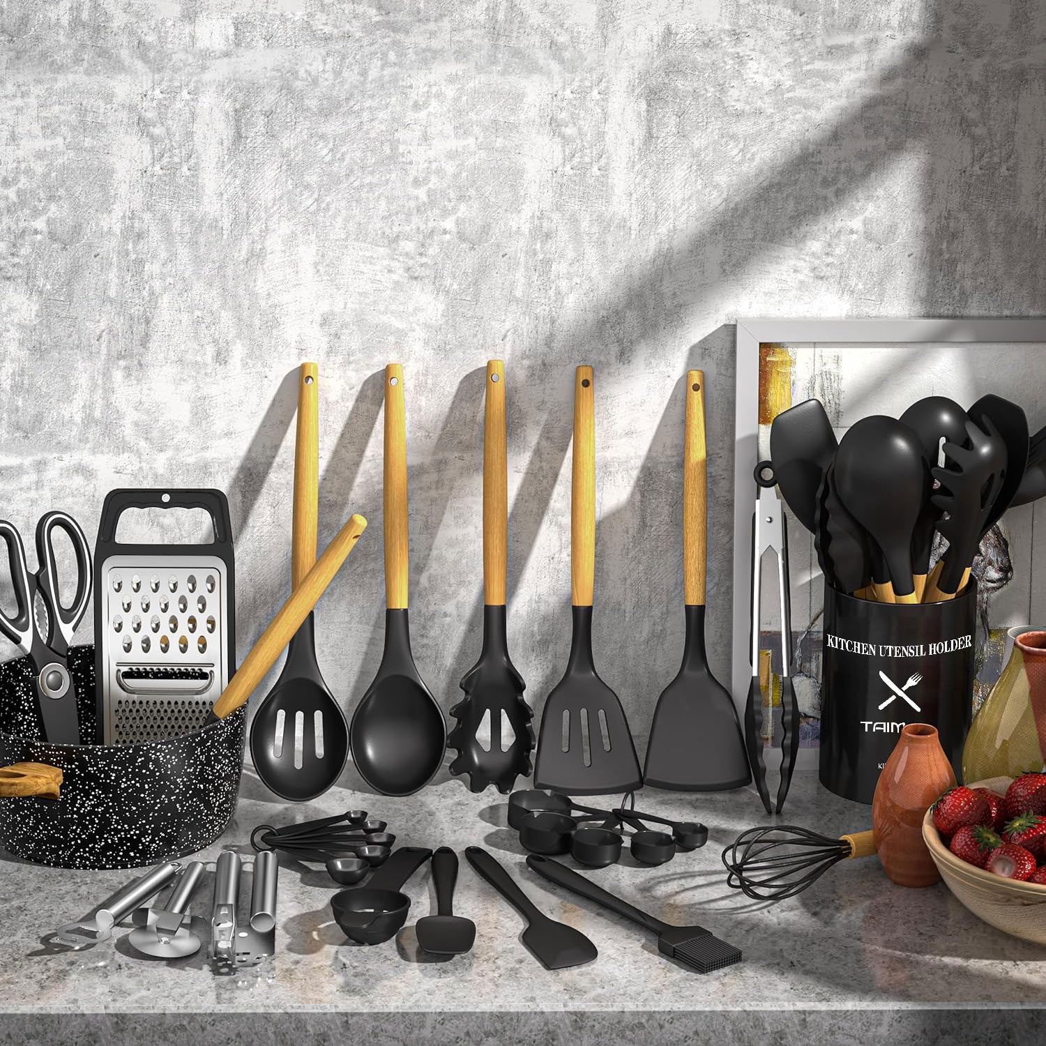 Kitchen Utensil Set, AOKIWO 34Pieces Silicone Cooking Utensil Set with Wooden Handle, Heat Resistant Spatula Set Gadgets Tools Cookware, Black - Image 4