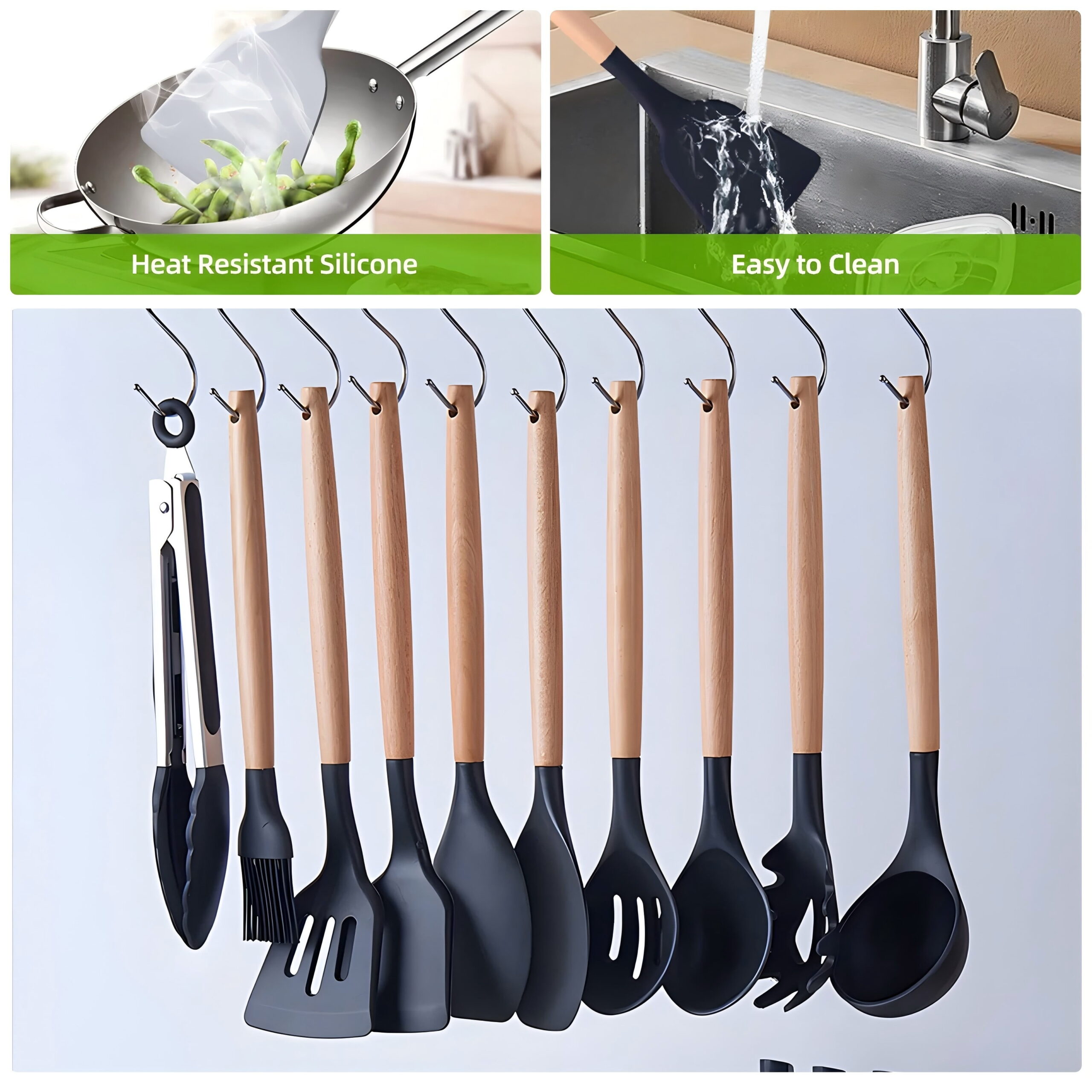Kitchen Utensils Set- 19 Pcs Silicone Cooking Utensils Set for Nonstick Cookware-Silicone Spatulas Set, Kitchen Gadgets Tools, Pots and Pans Accessories-(Black 19 PCS Set) - Image 2