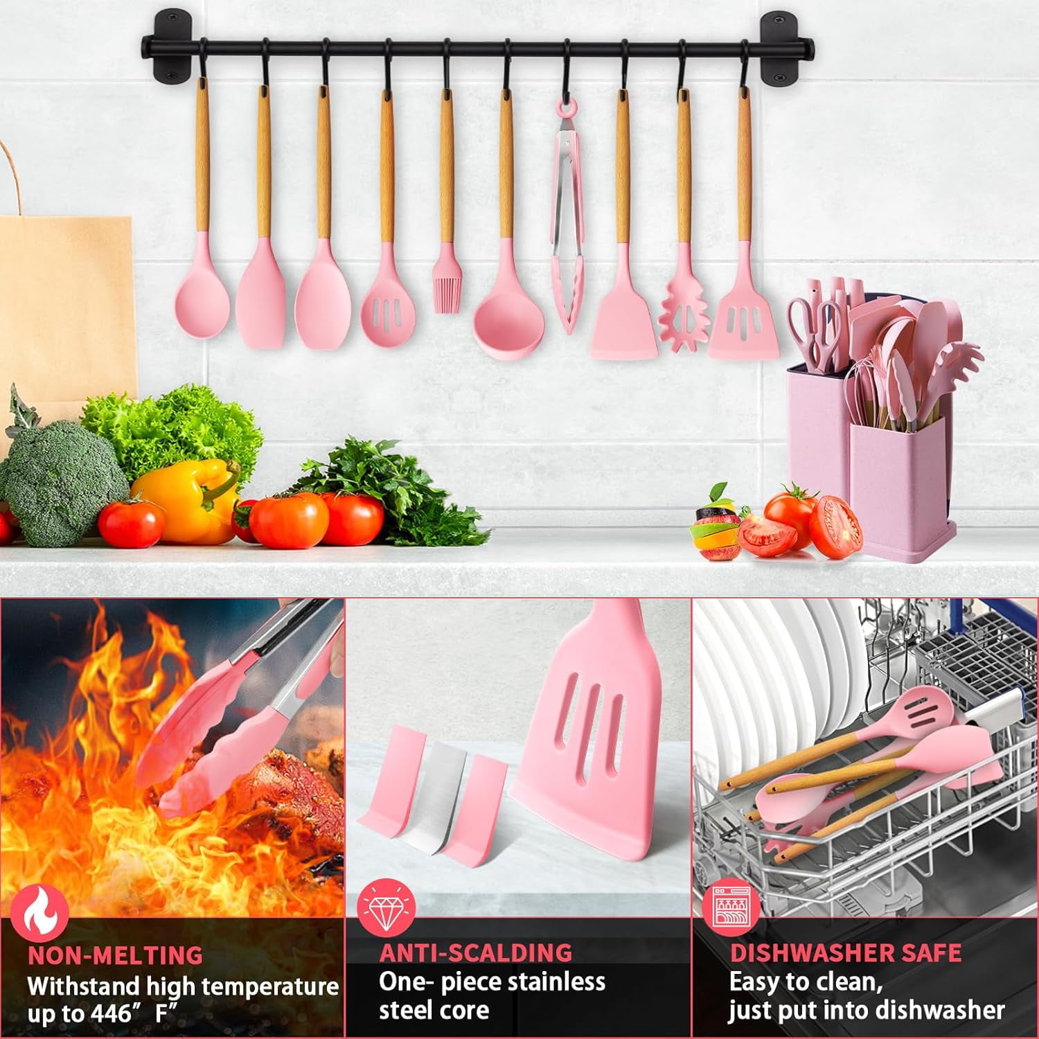 Kitchen Utensils Set- 19 Pcs Silicone Cooking Utensils Set for Nonstick Cookware-Silicone Spatulas Set, Kitchen Gadgets Tools, Pots and Pans Accessories-(Black 19 PCS Set) - Image 3
