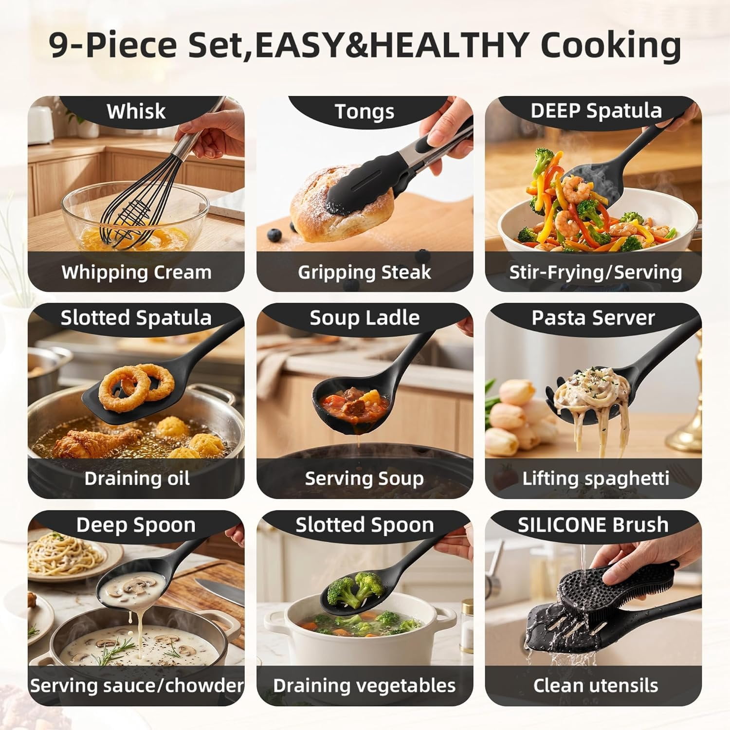 Kitchen Utensils Set,9 PCS Cooking Utensils Set Spatula Set,Non Cooking Utensils,Tongs,Spoon,Whisk,Brush, Kitchen Gadgets for Non-Stick Cookware, Essential(Black-9P) - Image 2