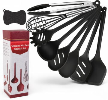Kitchen Utensils Set,9 PCS Cooking Utensils Set Spatula Set,Non Cooking Utensils,Tongs,Spoon,Whisk,Brush, Kitchen Gadgets for Non-Stick Cookware, Essential(Black-9P)