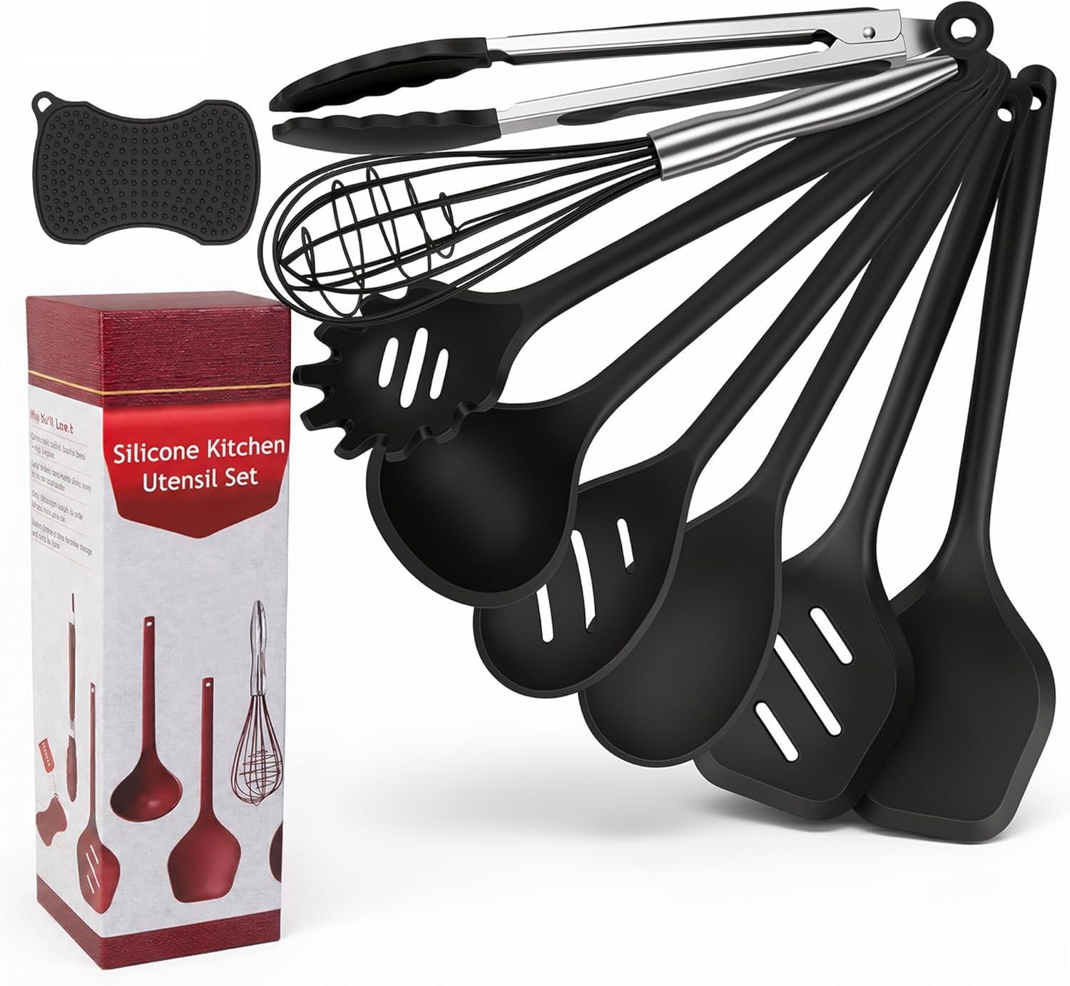 Kitchen Utensils Set,9 PCS Cooking Utensils Set Spatula Set,Non Cooking Utensils,Tongs,Spoon,Whisk,Brush, Kitchen Gadgets for Non-Stick Cookware, Essential(Black-9P)