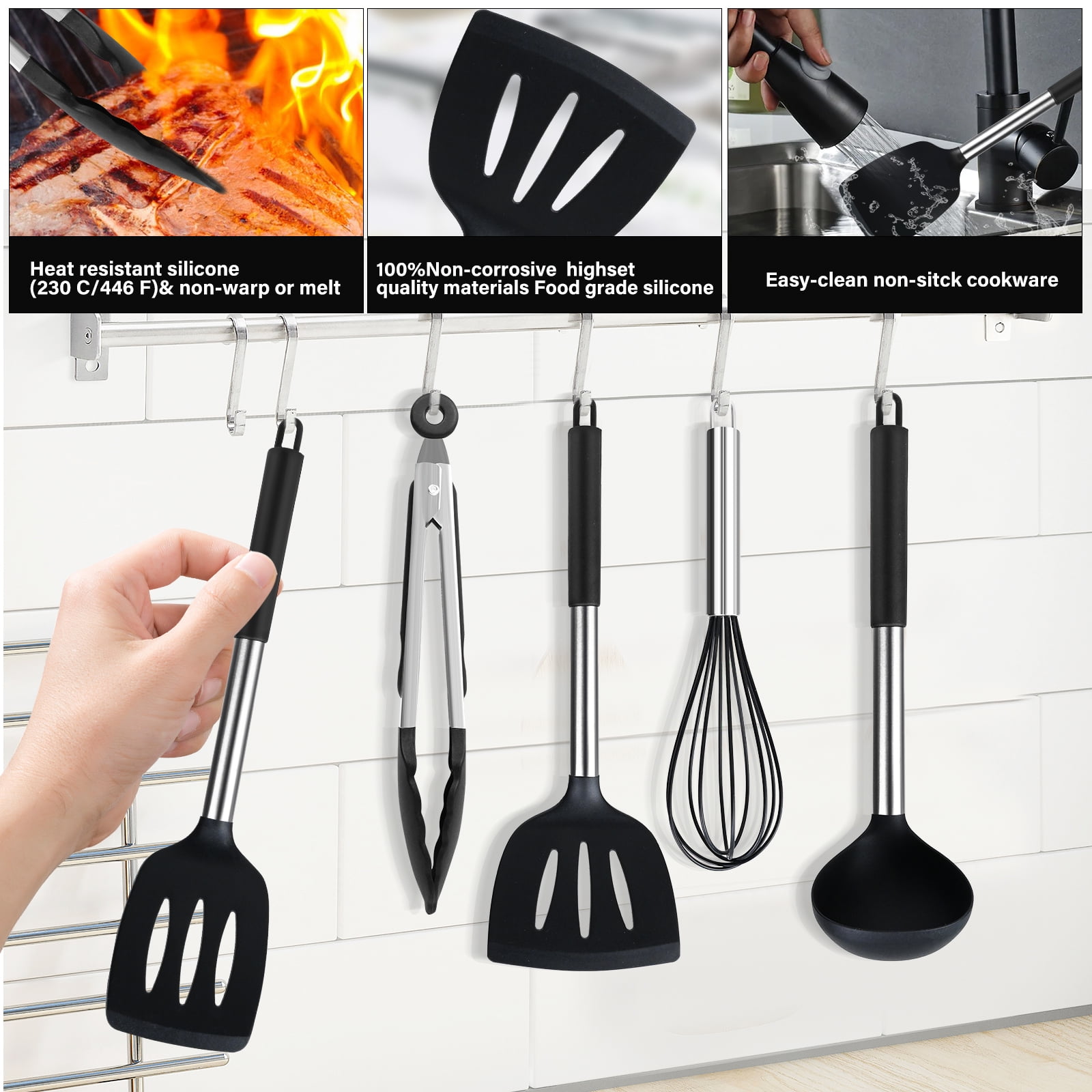 KSENDALO Silicone Cooking Utensils Set, 26 Pcs, Heat Resistant Kitchen Utensils Set, Black - Image 4