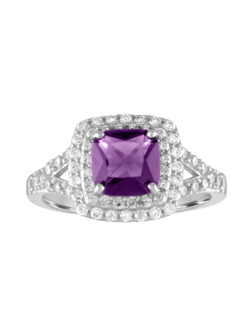 Ladies Brilliance Fine Jewelry Amethyst and CZ Sterling Silver Cushion Ring