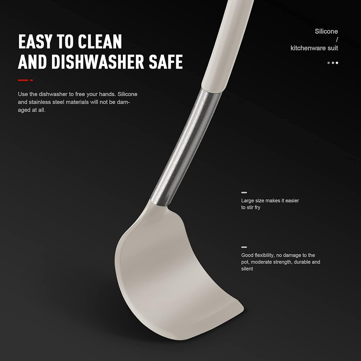 Large Silicone Cooking Utensils Set - Heat Resistant Kitchen Utensils,Turner Tongs,Spatula,Spoon,Brush,Whisk,Stainless Steel Silicone Cooking Tool for Nonstick Cookware,Dishwasher Safe (Khaki) - Image 4