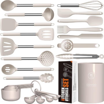 Large Silicone Cooking Utensils Set - Heat Resistant Kitchen Utensils,Turner Tongs,Spatula,Spoon,Brush,Whisk,Stainless Steel Silicone Cooking Tool for Nonstick Cookware,Dishwasher Safe (Khaki)