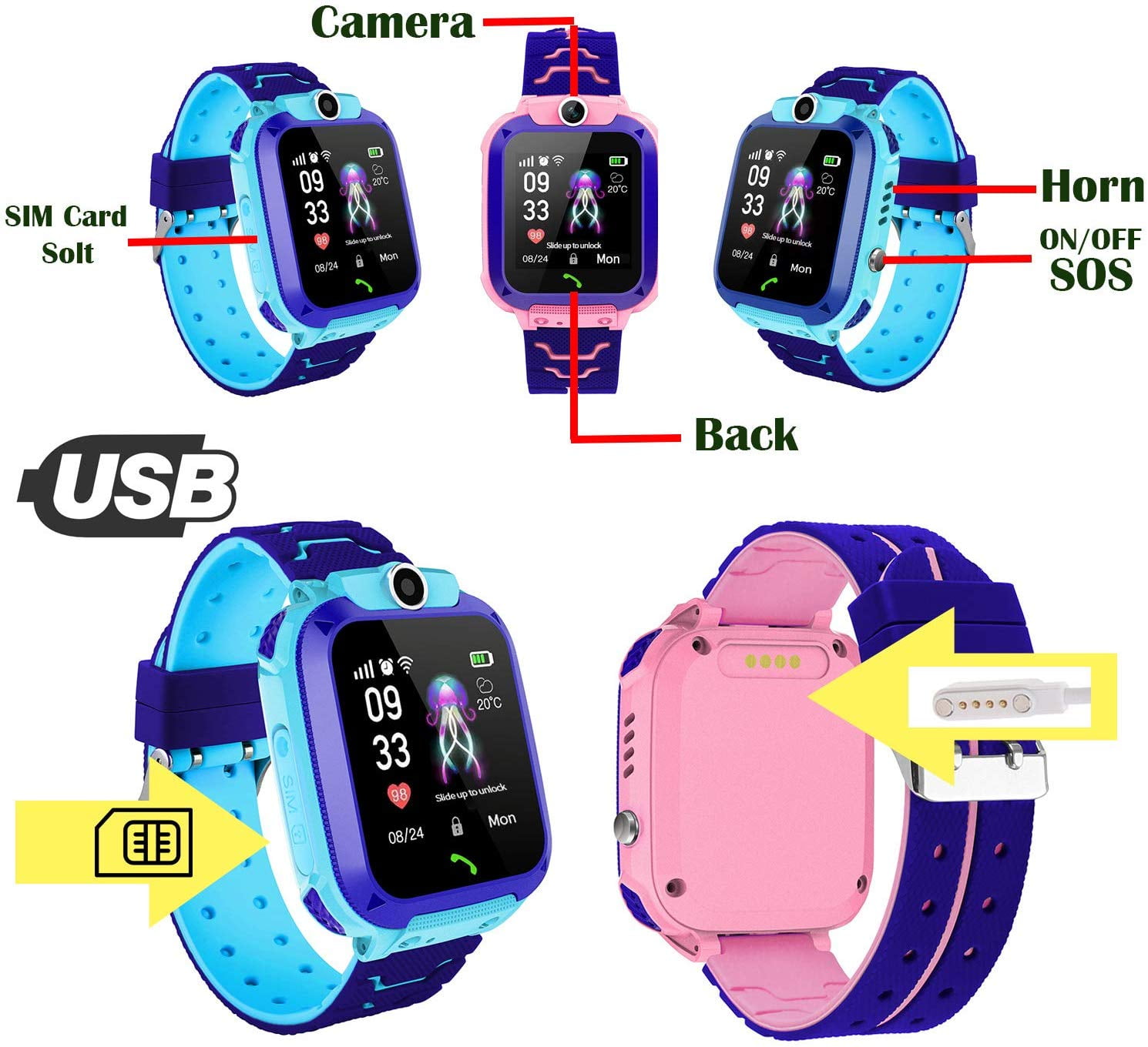 LNKOO Kids Waterproof Smart Watch, AGPS Tracker Phone SOS Anti-Lost Alarm Sim Card Slot Touch Screen Voice Chat Smartwatch Christmas Birthday Gifts for Children Girls Boys - Image 3