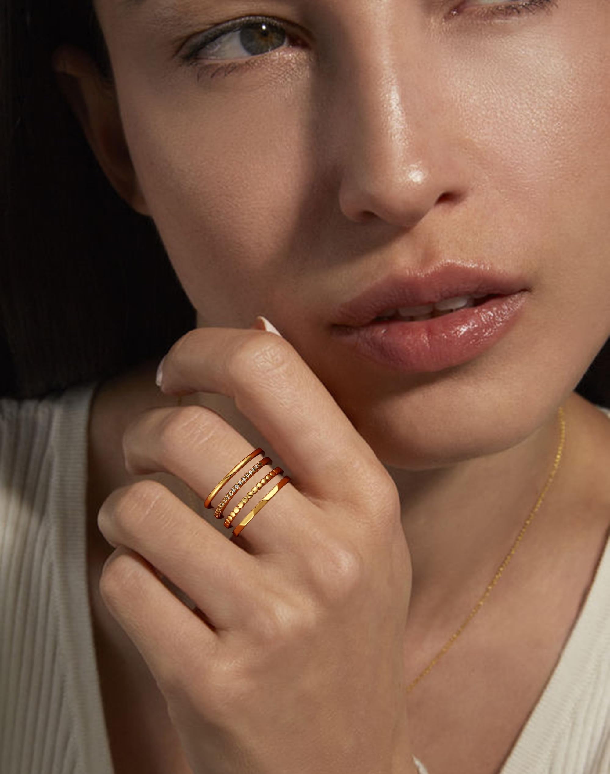 LUNVKY 4PCS 18K Gold Plated Rings for Women Non Tarnish Fashion CZ Pinky Stackable Ring Set Wedding Birthday Graduation Jewelry Gifts Her Teen Mom Adults Girlfriend Ideas Size 5/6/7/8/9/10 - Image 5