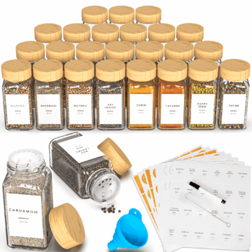 Masadi 24 Pack Glass Spice Jar,Bamboo Lid Glass Spice Jars, Kitchen Spice Storage Jar, Spice Storage Jar,Kitchen Food Storage Tanks,Preprinted Spice Labels,kitchen organizer