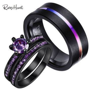 Matching Rings Couple Rings Black Gold Plated 1CT Purple Cz Women Wedding Ring Sets