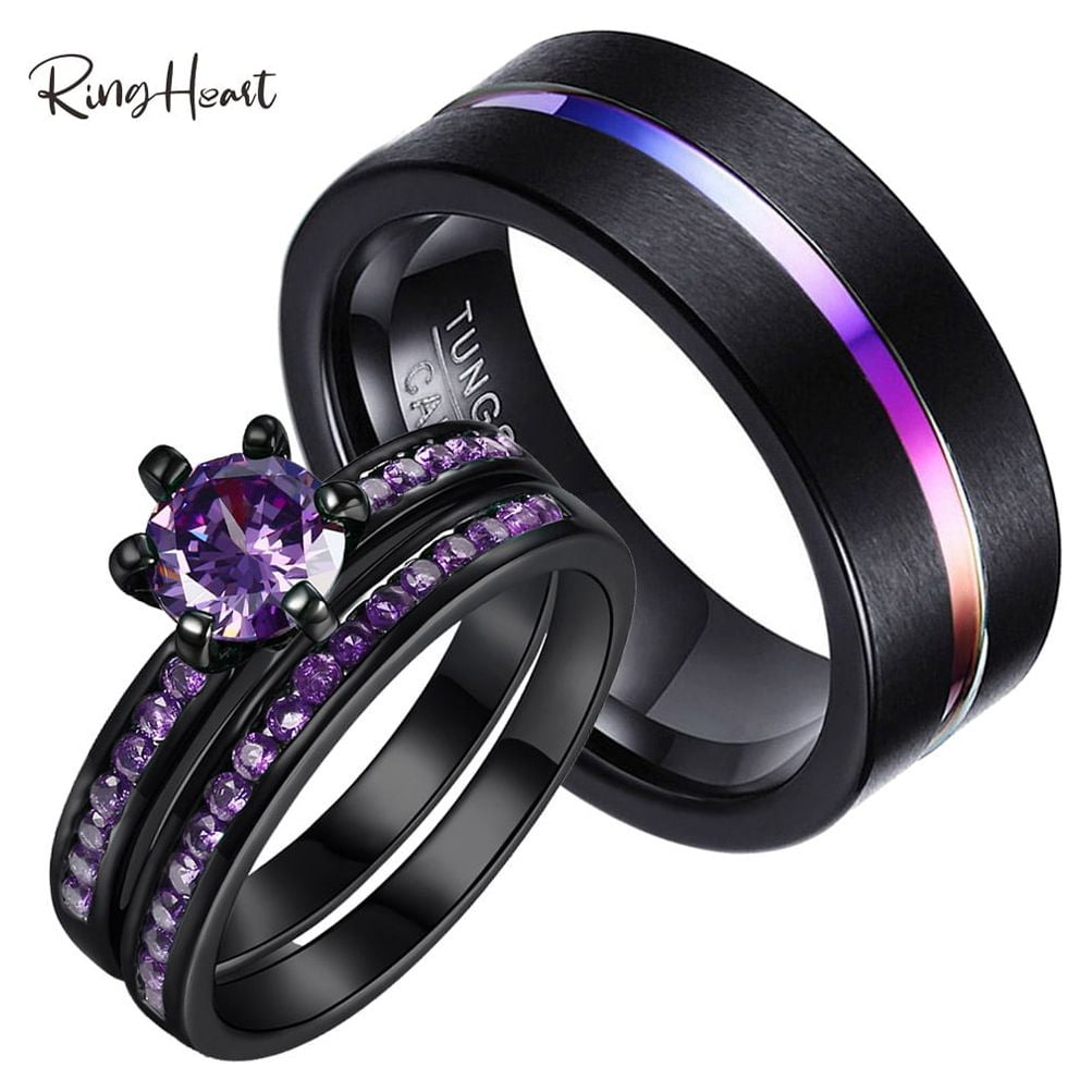 Matching Rings Couple Rings Black Gold Plated 1CT Purple Cz Women Wedding Ring Sets