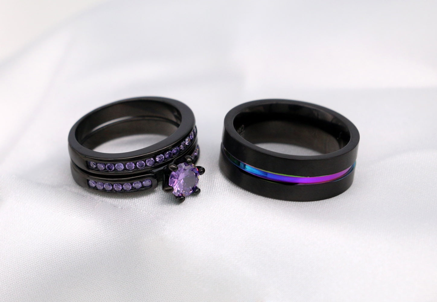 Matching Rings Couple Rings Black Gold Plated 1CT Purple Cz Women Wedding Ring Sets - Image 2