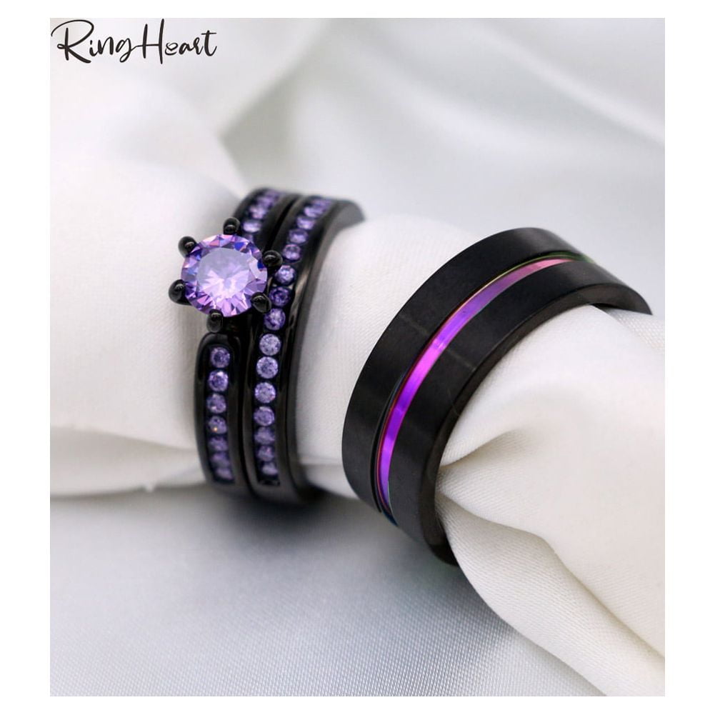 Matching Rings Couple Rings Black Gold Plated 1CT Purple Cz Women Wedding Ring Sets - Image 5