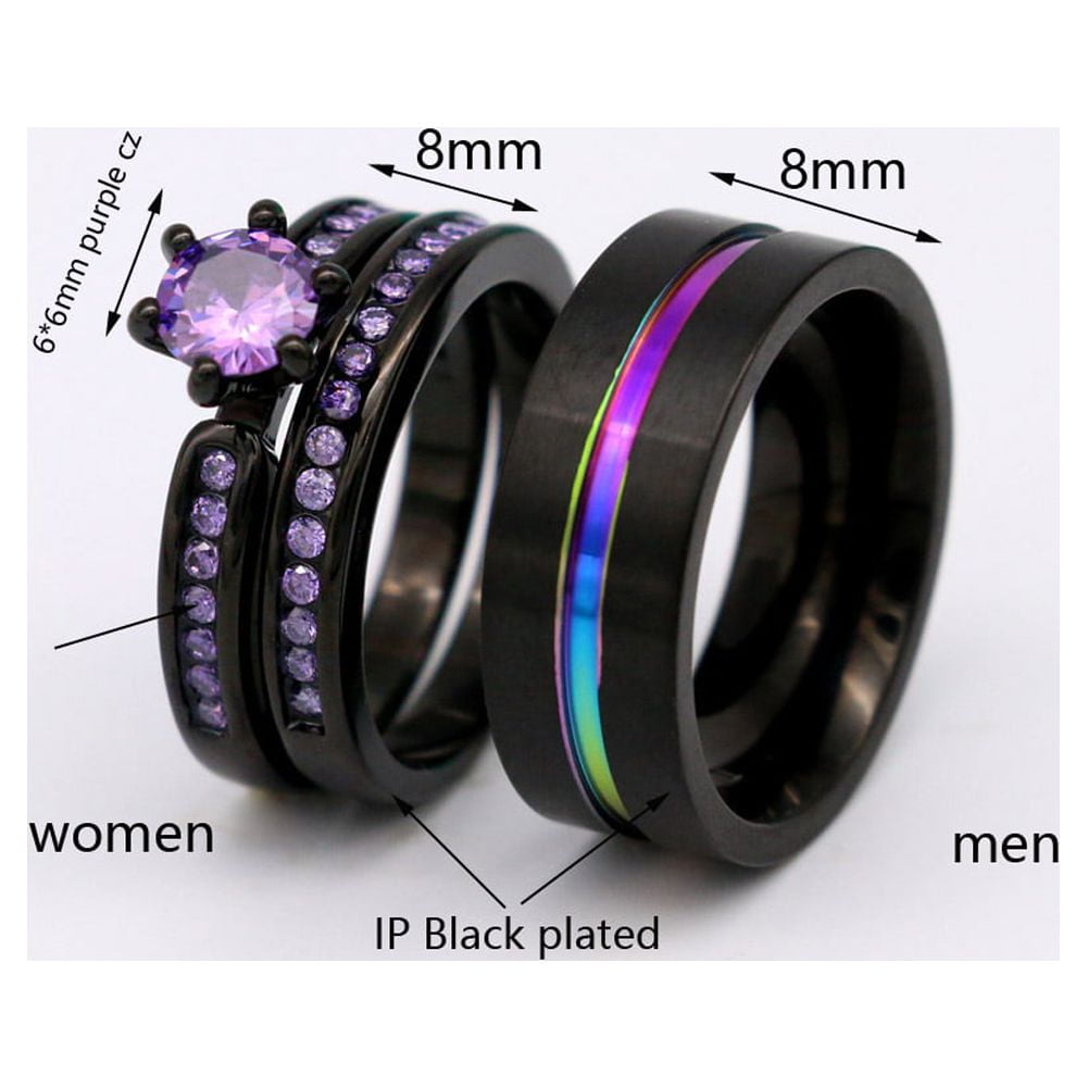 Matching Rings Couple Rings Black Gold Plated 1CT Purple Cz Women Wedding Ring Sets - Image 4