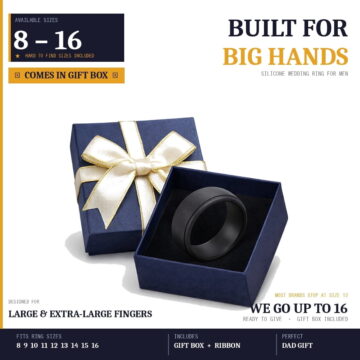 Men's Black Silicone Wedding Band Ring with Gift Box – Flexible, Non-Conductive, Safe for Work & Sports Size 10