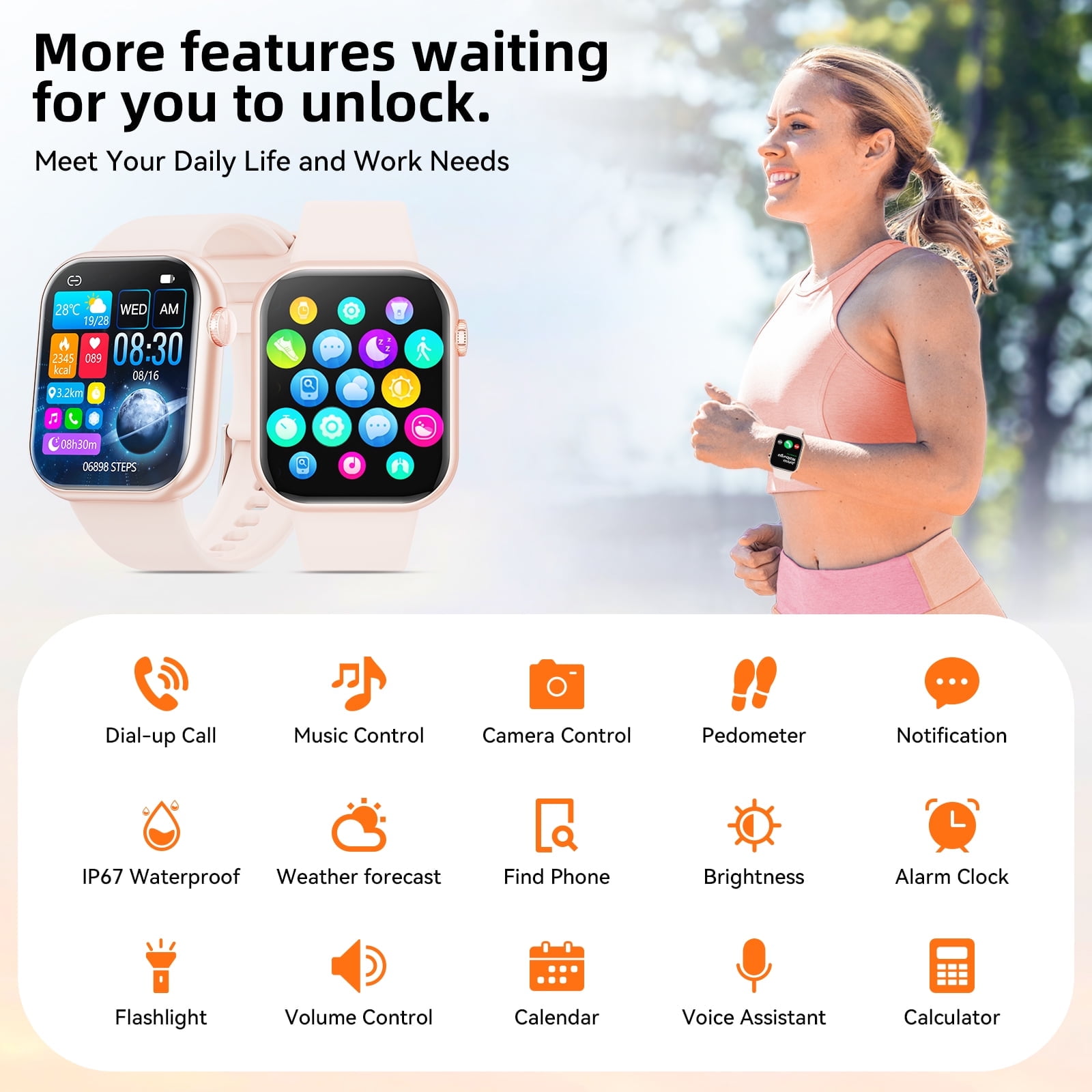 Mingdaln 1.85''HD Men Womens Smart watch,with Bluetooth Answer/Make Calls/120+Sports Modes/10 Days Standby, IP68 Waterproof Fitness Tracker Fits for Android Iphone Devices, perfect gift(Pink) - Image 2