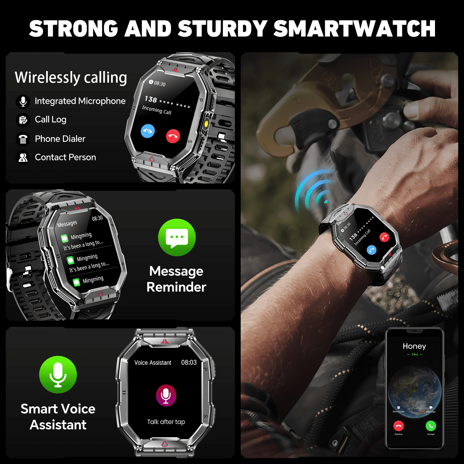 Mingdaln 2.1" AMOLED Men Military Smart watch,with Fitness Tracker/ Answer Make Calls /100+ Sport Modes/1ATM Waterproof, Mountain Travel Pedometer Watch fits for Android and Iphone Devices (Black) - Image 5