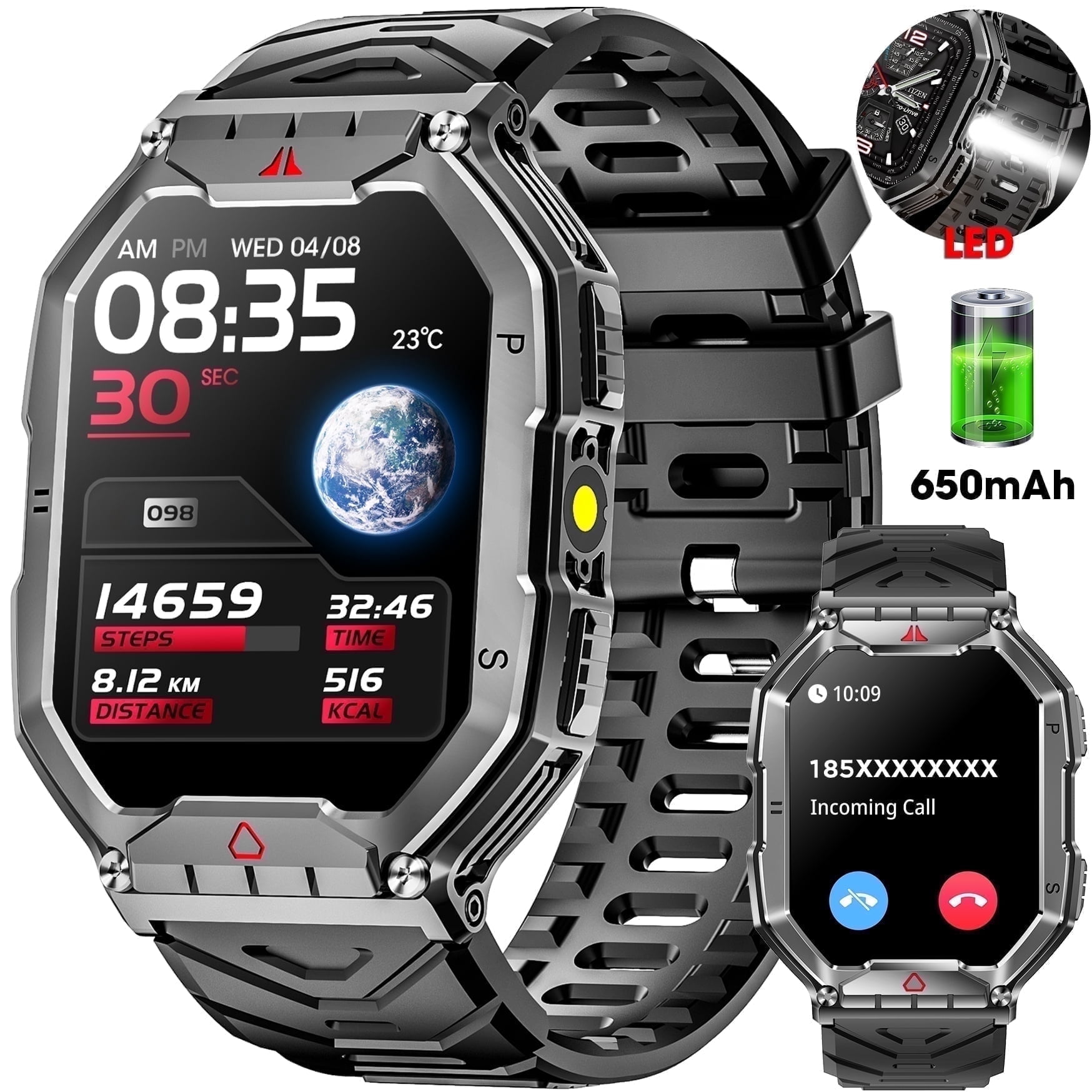 Mingdaln 2.1" AMOLED Men Military Smart watch,with Fitness Tracker/ Answer Make Calls /100+ Sport Modes/1ATM Waterproof, Mountain Travel Pedometer Watch fits for Android and Iphone Devices (Black)