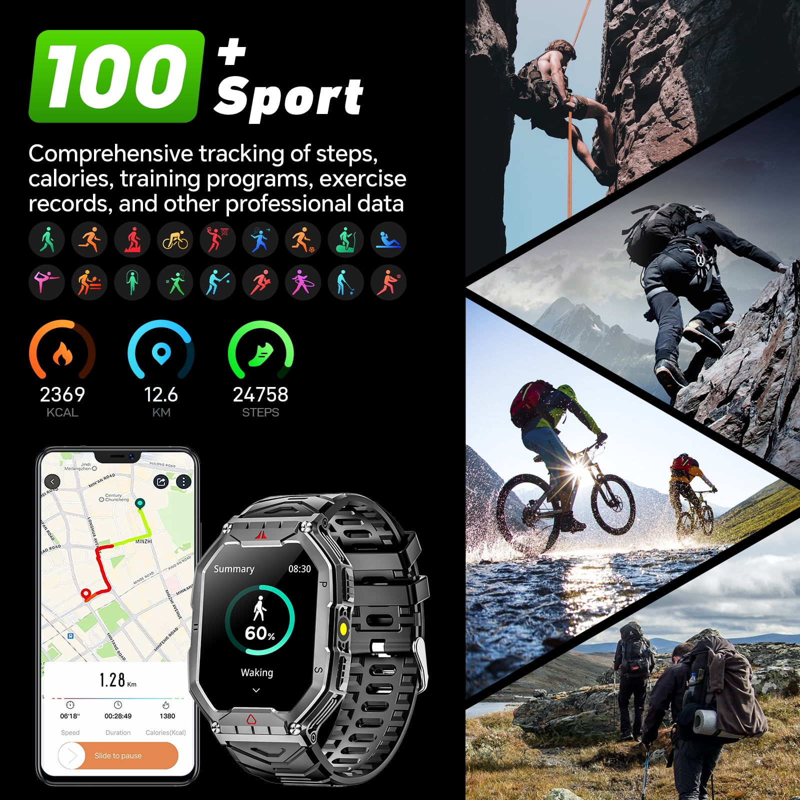 Mingdaln 2.1" AMOLED Men Military Smart watch,with Fitness Tracker/ Answer Make Calls /100+ Sport Modes/1ATM Waterproof, Mountain Travel Pedometer Watch fits for Android and Iphone Devices (Black) - Image 2