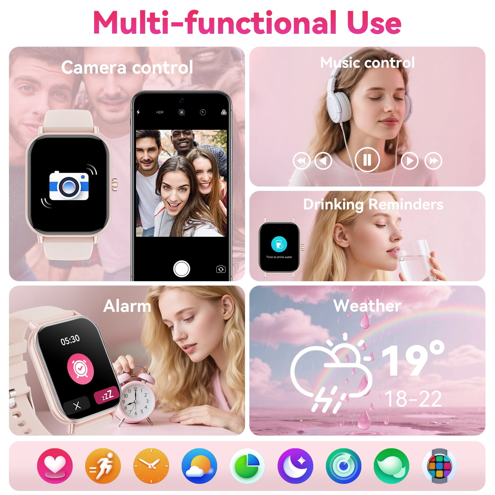 Mingwear 1.85-Inch Men's and Women's smartwatch fits for Android and iPhone Devices with Fitness Tracker, Pedometer, Answer/Call/120 Sport Modes, IP68 Waterproof Fitness Watch (Pink) - Image 2