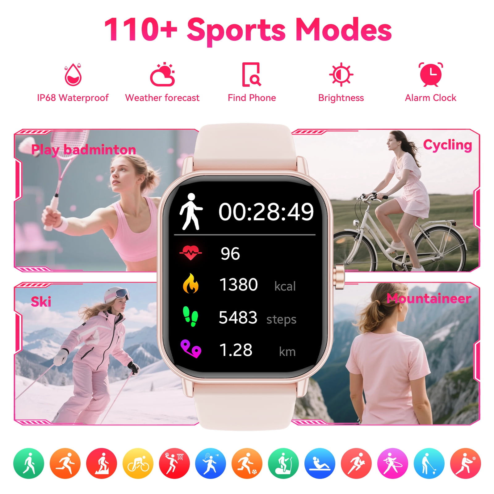 Mingwear 1.85-Inch Men's and Women's smartwatch fits for Android and iPhone Devices with Fitness Tracker, Pedometer, Answer/Call/120 Sport Modes, IP68 Waterproof Fitness Watch (Pink) - Image 4