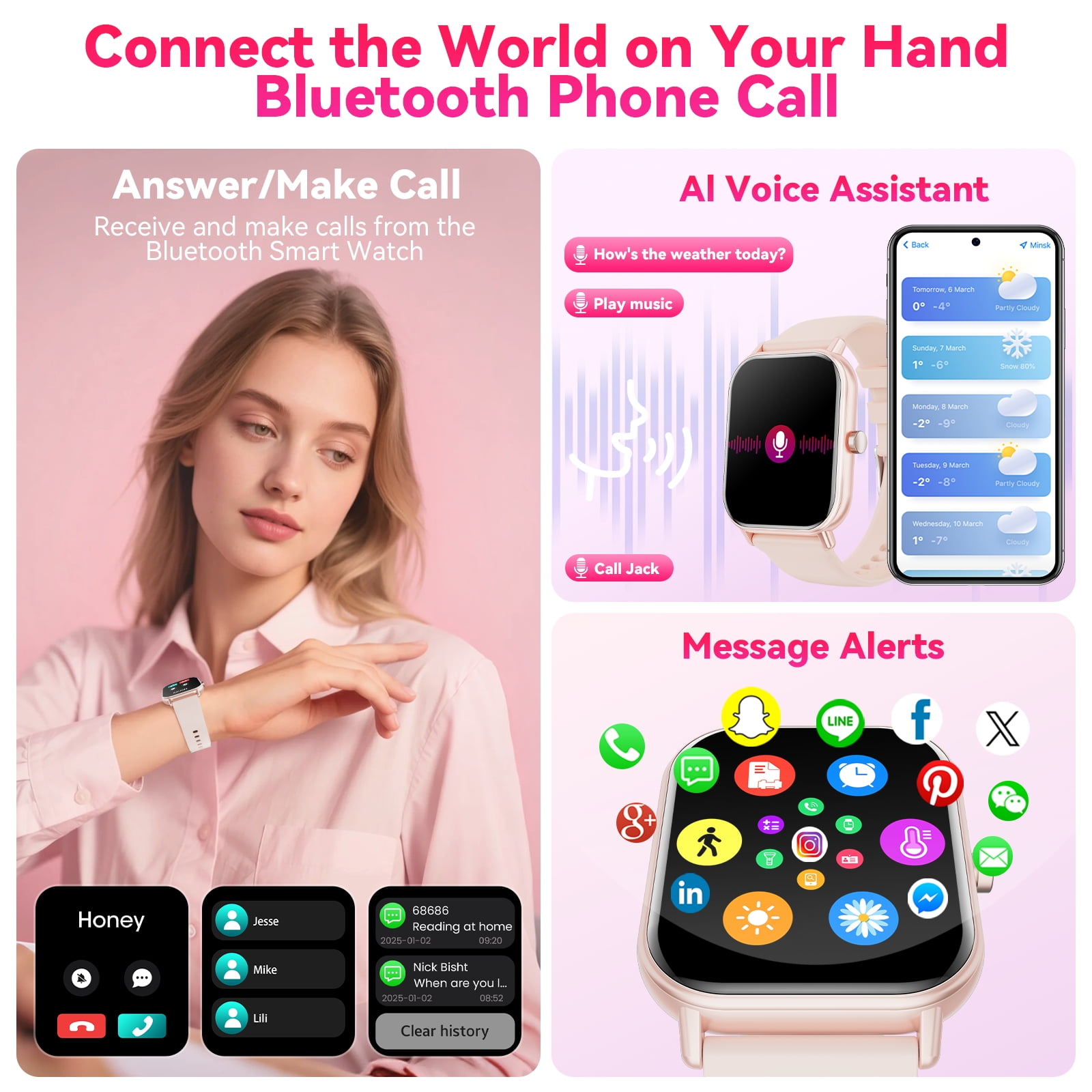Mingwear 1.85-Inch Men's and Women's smartwatch fits for Android and iPhone Devices with Fitness Tracker, Pedometer, Answer/Call/120 Sport Modes, IP68 Waterproof Fitness Watch (Pink) - Image 3