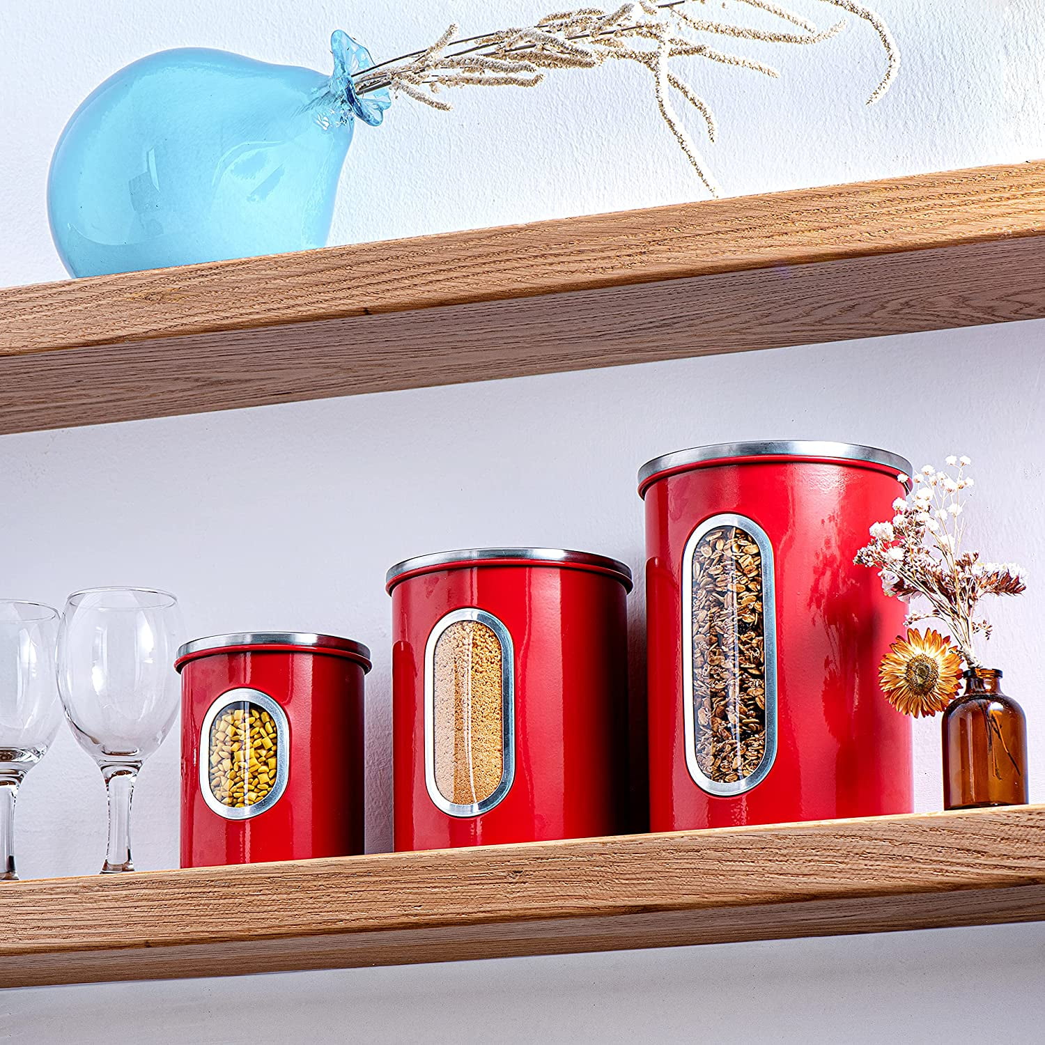 Mixpresso 3 Piece Red Canisters Sets For The Kitchen, Kitchen Jars With See Through Window, Airtight Coffee Container Tea Organizer & Sugar Canister, Kitchen Canisters Set of 3 Red Kitchen Decor. - Image 5