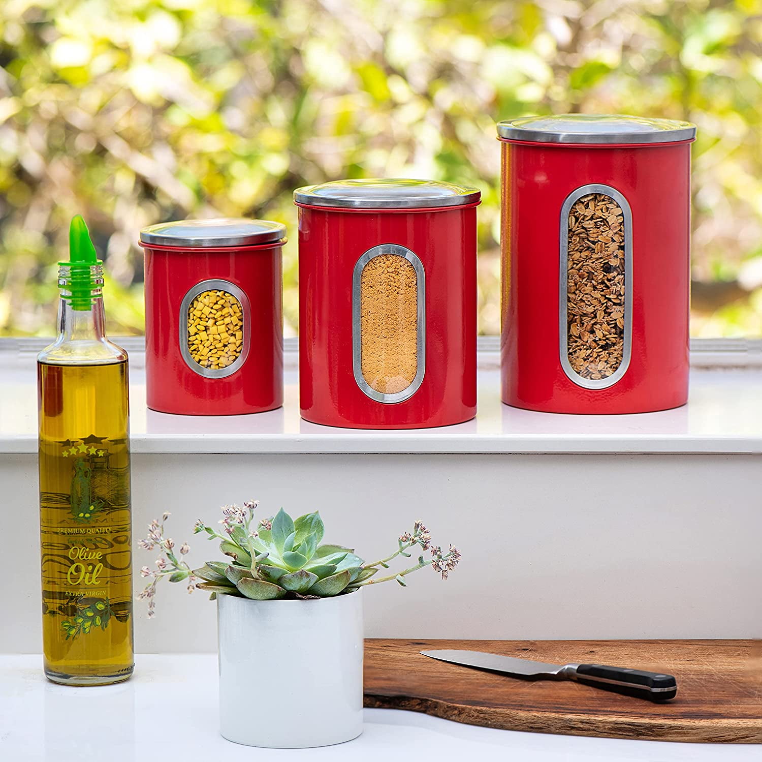 Mixpresso 3 Piece Red Canisters Sets For The Kitchen, Kitchen Jars With See Through Window, Airtight Coffee Container Tea Organizer & Sugar Canister, Kitchen Canisters Set of 3 Red Kitchen Decor. - Image 3