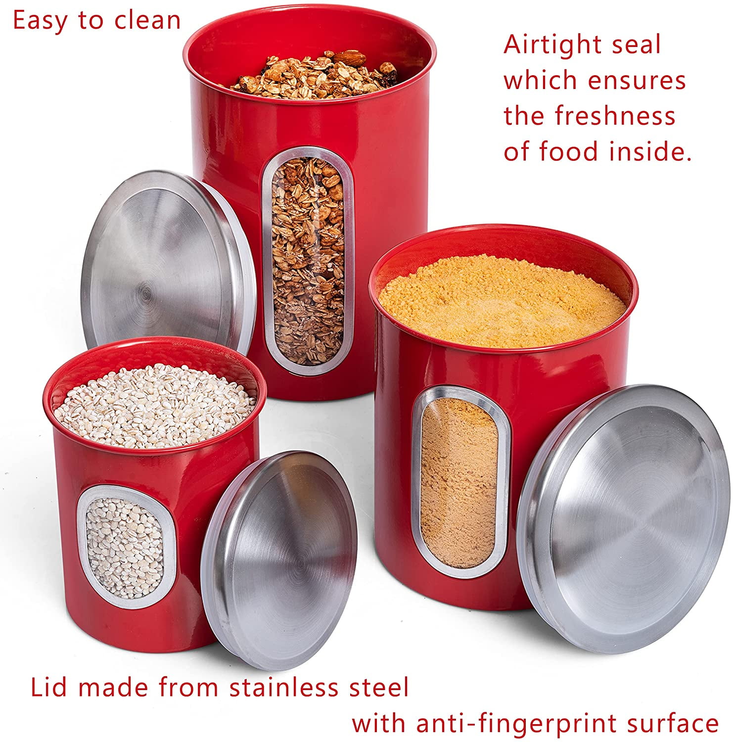 Mixpresso 3 Piece Red Canisters Sets For The Kitchen, Kitchen Jars With See Through Window, Airtight Coffee Container Tea Organizer & Sugar Canister, Kitchen Canisters Set of 3 Red Kitchen Decor. - Image 2
