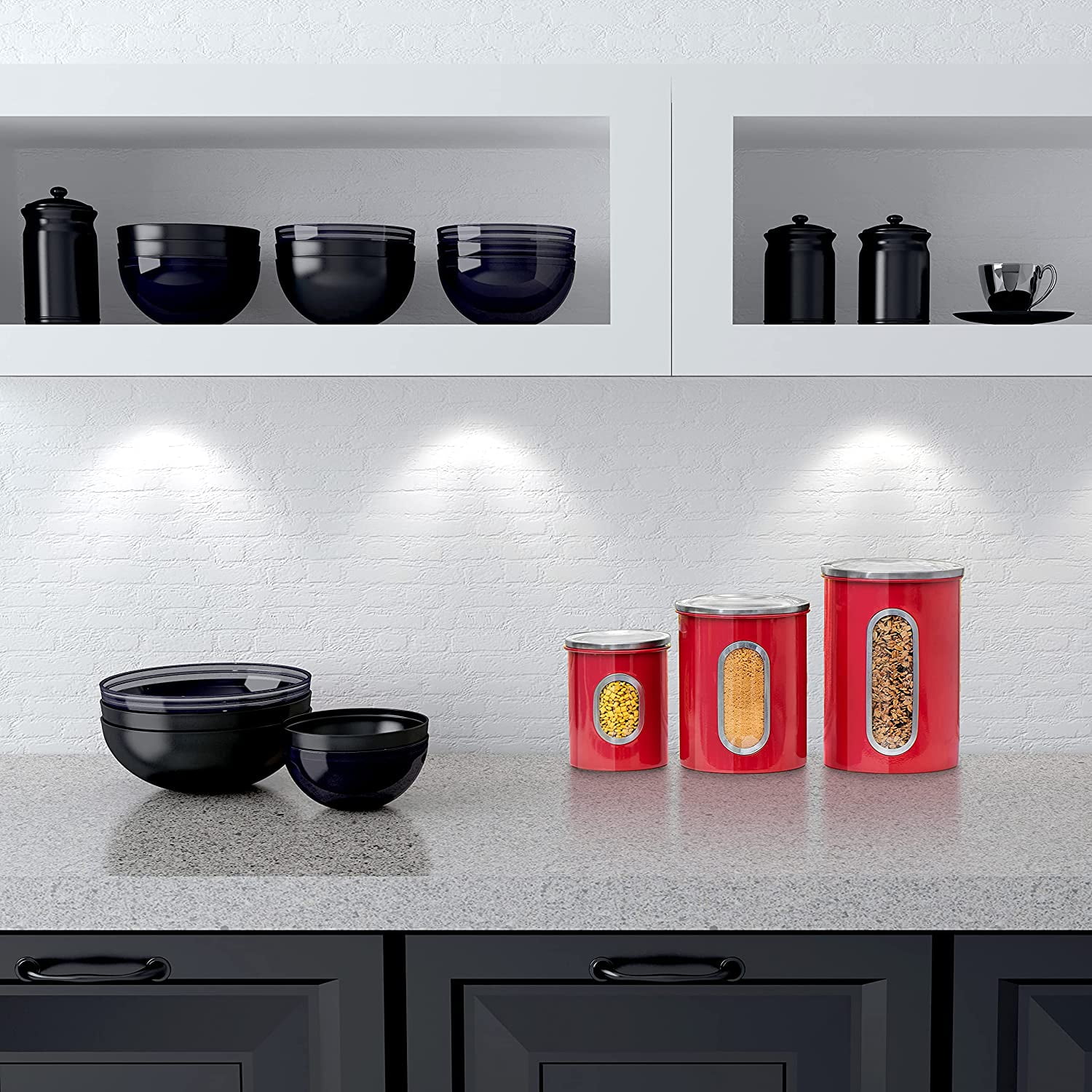 Mixpresso 3 Piece Red Canisters Sets For The Kitchen, Kitchen Jars With See Through Window, Airtight Coffee Container Tea Organizer & Sugar Canister, Kitchen Canisters Set of 3 Red Kitchen Decor. - Image 4