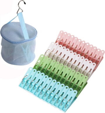 MKEUDQ-48 Pack Plastic Clothes Pins Heavy Duty Outdoor for Hanging Clothes, Colored Clothespins Clips with Springs Clothes Drying Line Pegs with Mesh Clothes pin Bag��Crafts Picture Clips Food Packag