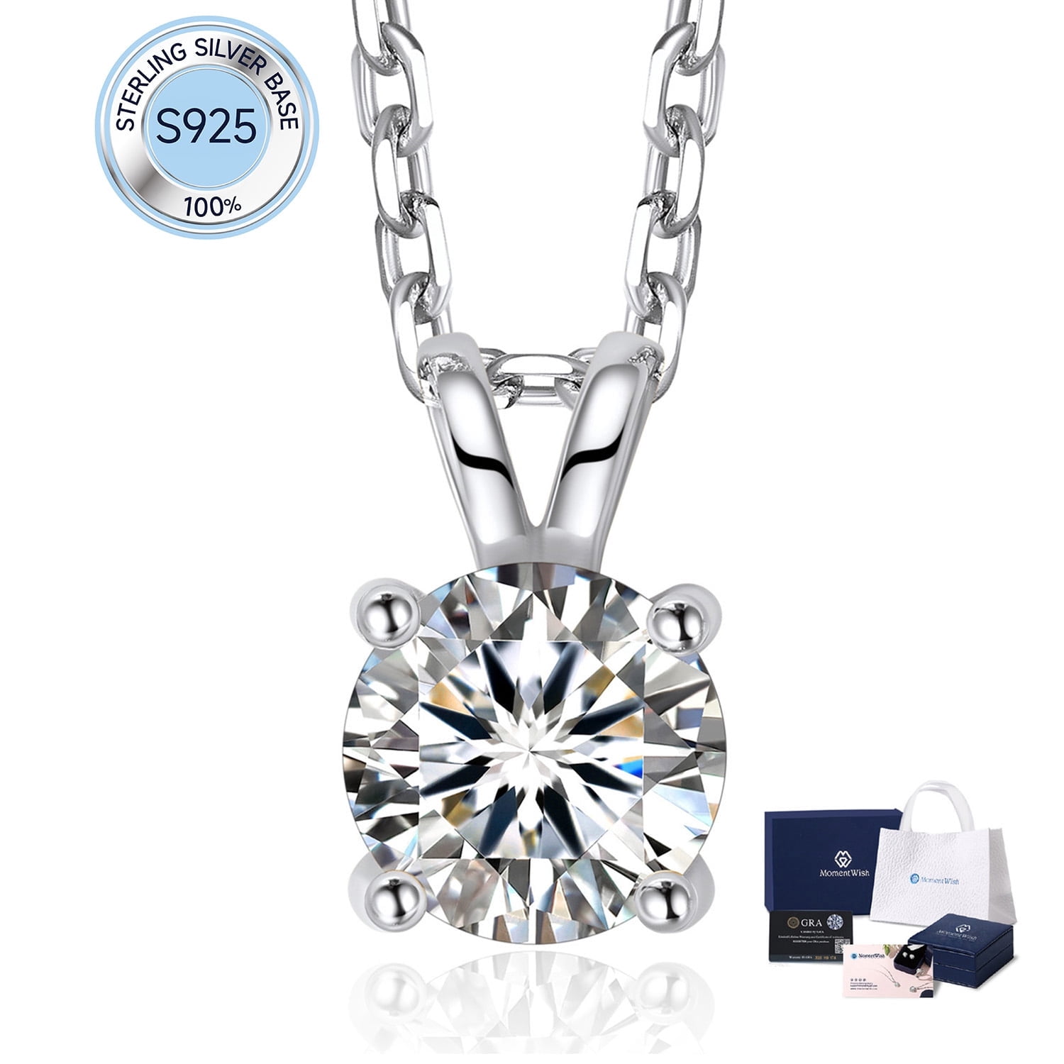 MomentWish 1 Carat Round Cut Moissanite Pendant Necklace for Women 925 Sterling Silver Christmas Anniversary Birthday Gift for Wife Mom