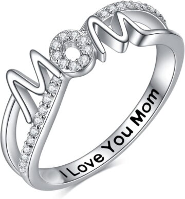 Mother's Day Gifts for Mother, I Love You Mom Ring 14K White Gold Plated Mom Mother Rings Jewelry Gifts for Mom Mama Nana